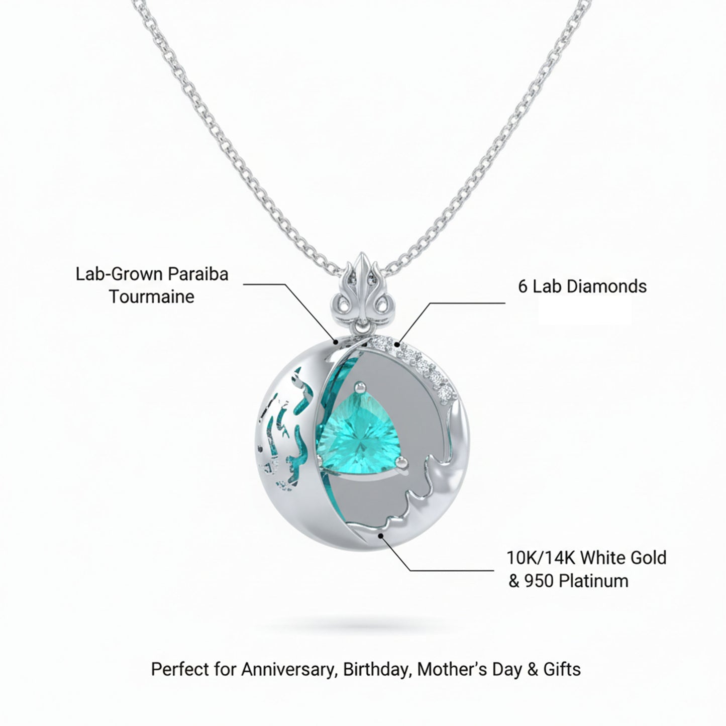 Lab-Grown 1CT Paraíba Pendant Necklace with 6 VVS1-VVS2 D-E Color Diamonds, 10K/14K White/Yellow/Rose Gold & Platinum, Perfect Gift for Anniversary/Valentine’s Day/Christmas