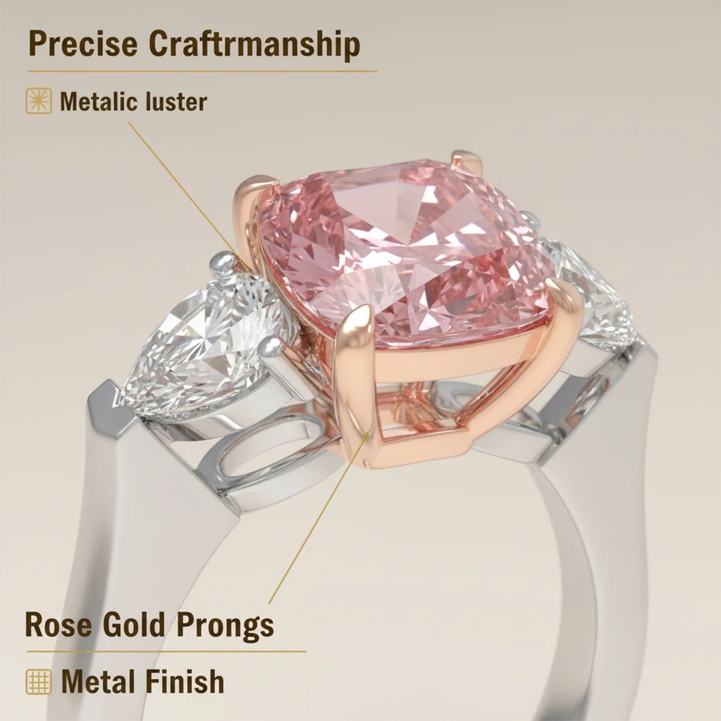 2ct Lab-Grown Pink Cushion Cut Diamond Engagement Ring, 0.8ct Labgrown Pear diamond Side Stones (0.4ct/ea VVS1-VVS2, D-E color) , 10K/14K/18K White Gold or Platinum with Rose Gold Prongs, Wedding & Anniversary Ring