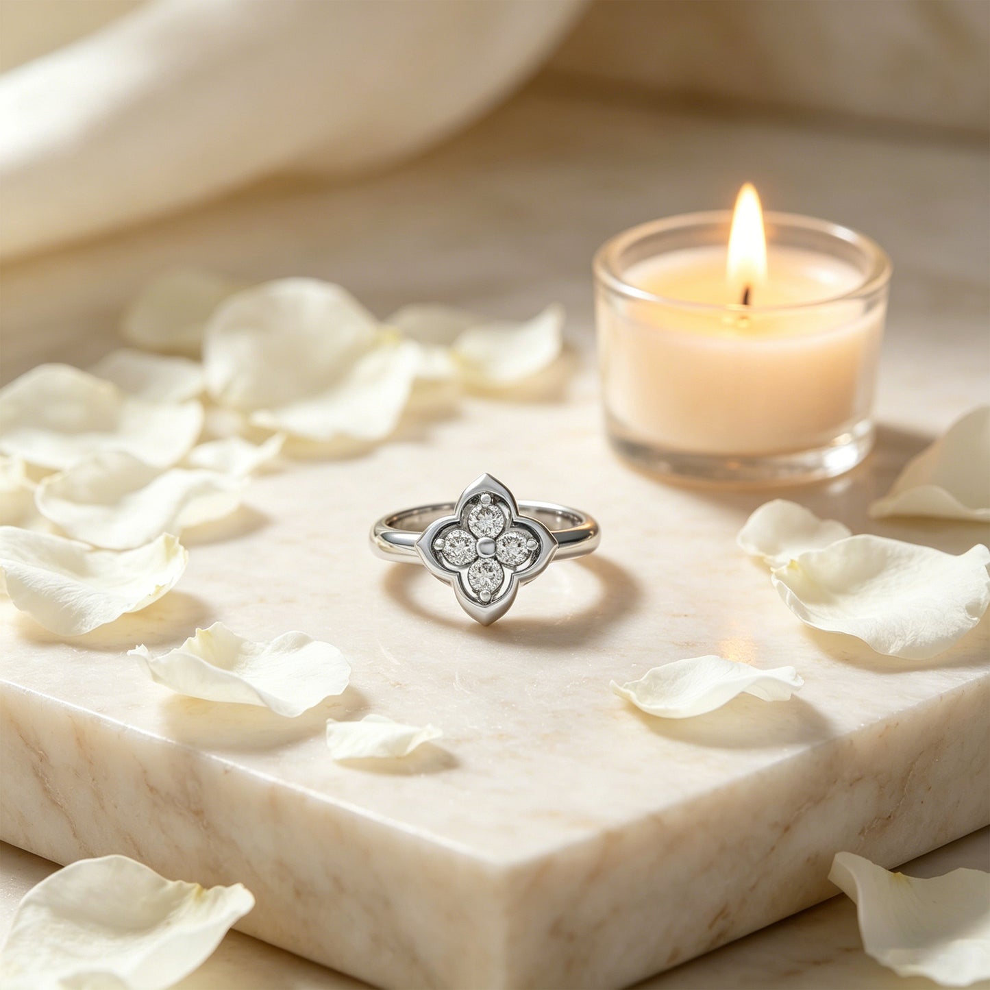 10K/14K White Gold or Platinum Clover Lab-Grown Diamond Ring, 0.2 CTW, Song Dynasty Inspired