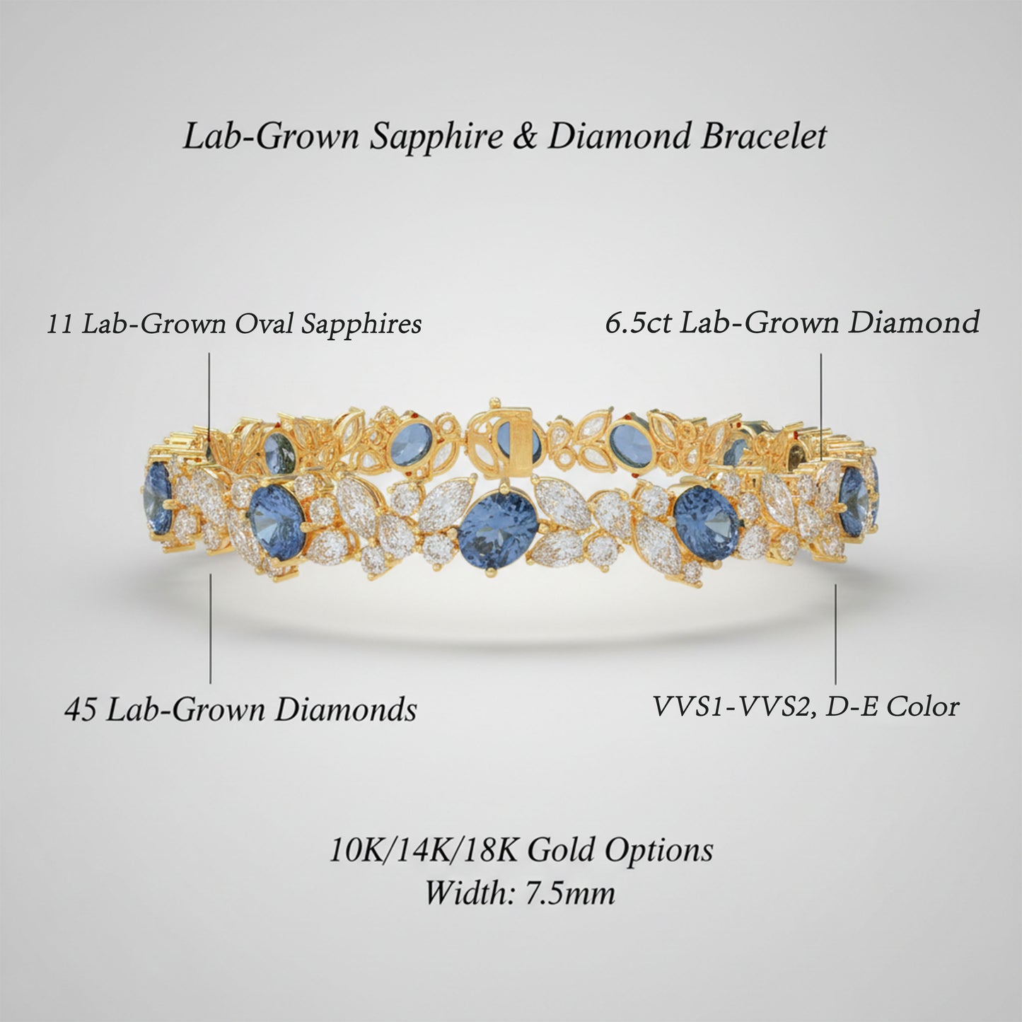 Handmade Gorgeous Lab - Grown Sapphire & Diamond Bracelet, 9K/14K/18K Yellow Gold Optional, Total Weight 10CT/12CT/15CT