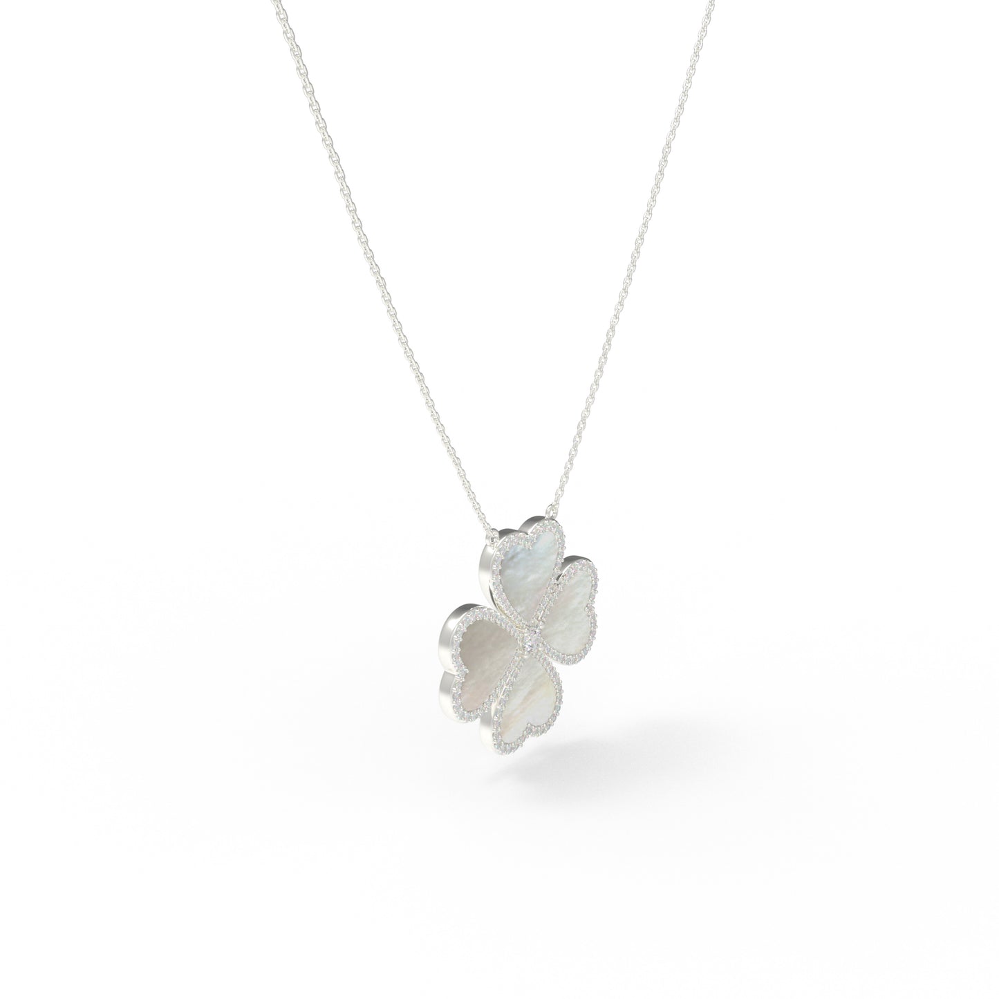 10K/14K White Gold Heart Clover Pendant Necklace, 0.5CT Lab Grown Diamond with Natural Mother of Pearl Handmade Jewelry Gift