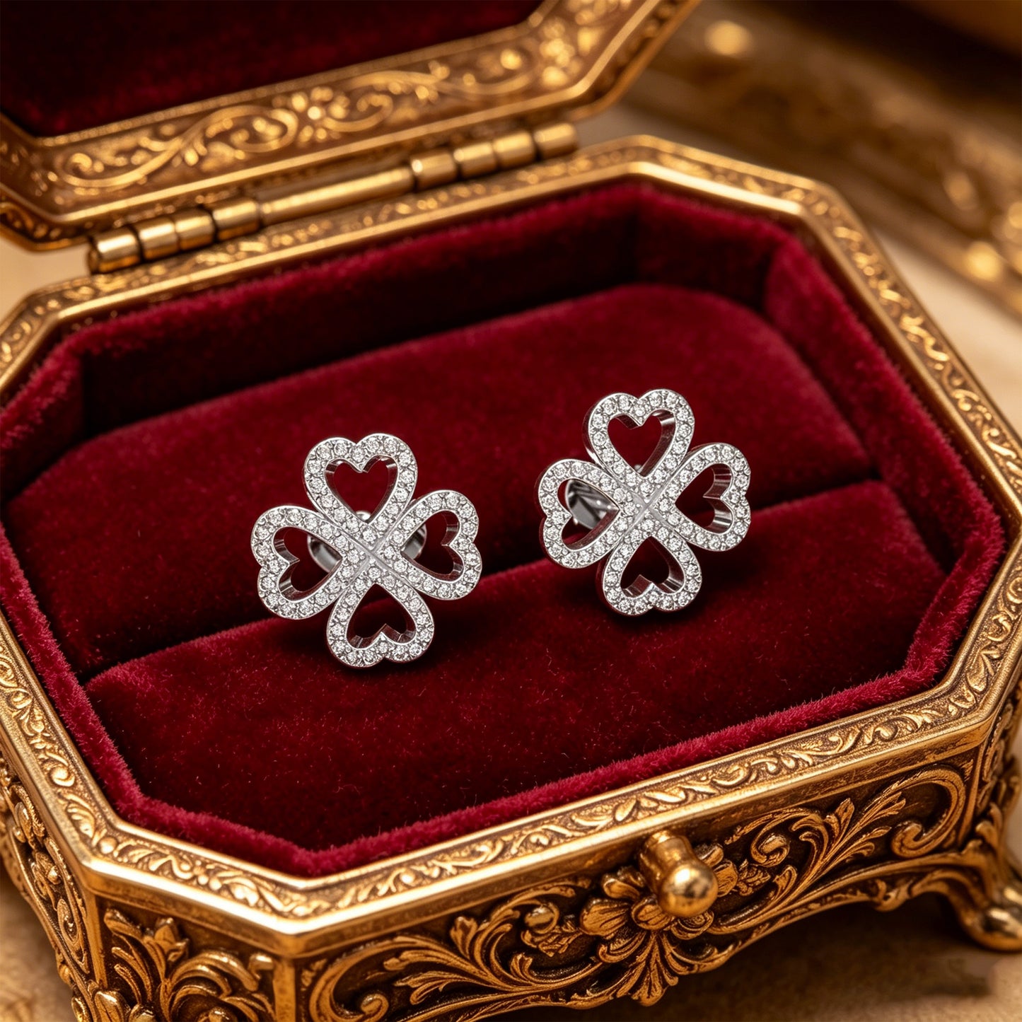 10K/14K White Gold or Platinum 950 Clover Stud Earrings, 0.45ct Lab Grown Diamond Heart Earrings, Lucky Four-Leaf Clover Jewelry