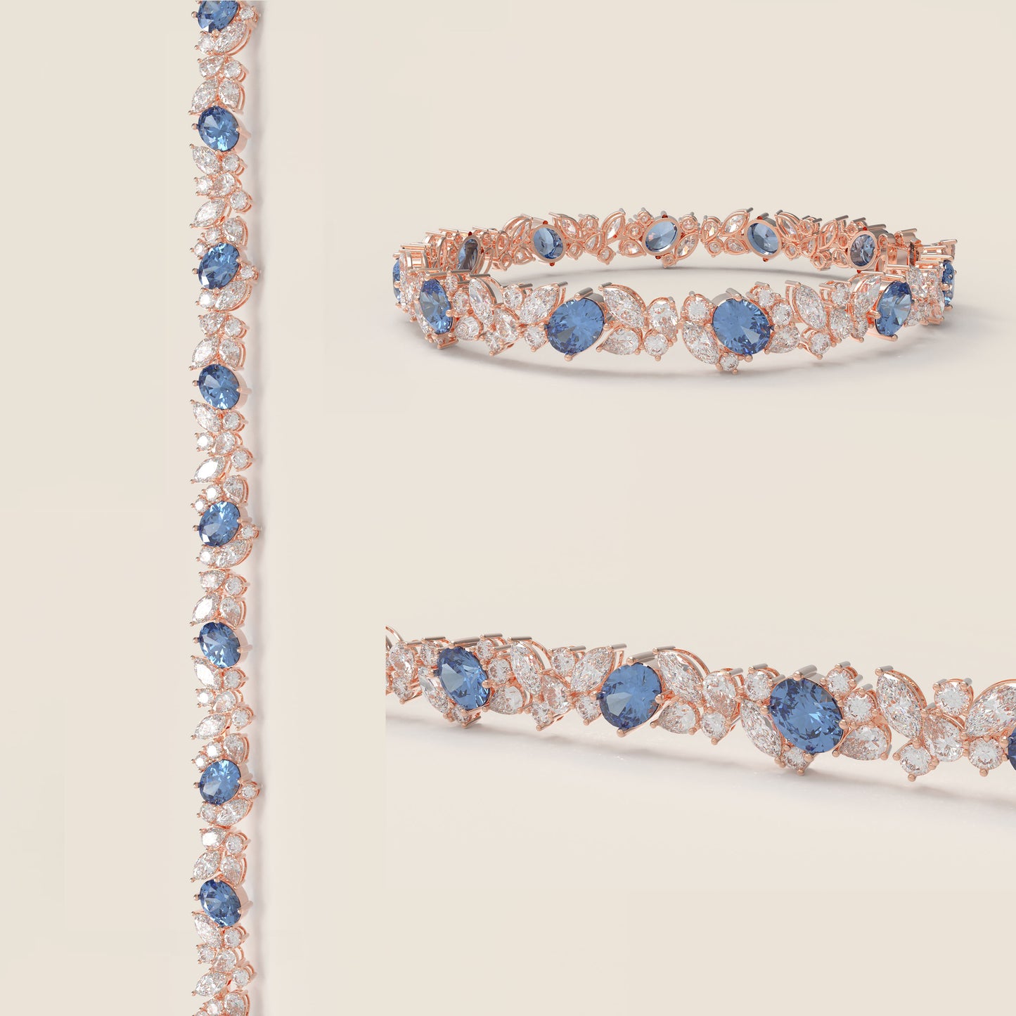 925 Sterling Silver 14K Rose Gold Plated Marquise Bracelet – 11 Lab-Created Marquise Sapphires & 33 Pear Moissanite, 10ct/12ct/15ct Total Carat, Luxury Jewelry Gift for Wife, Mother, Sister