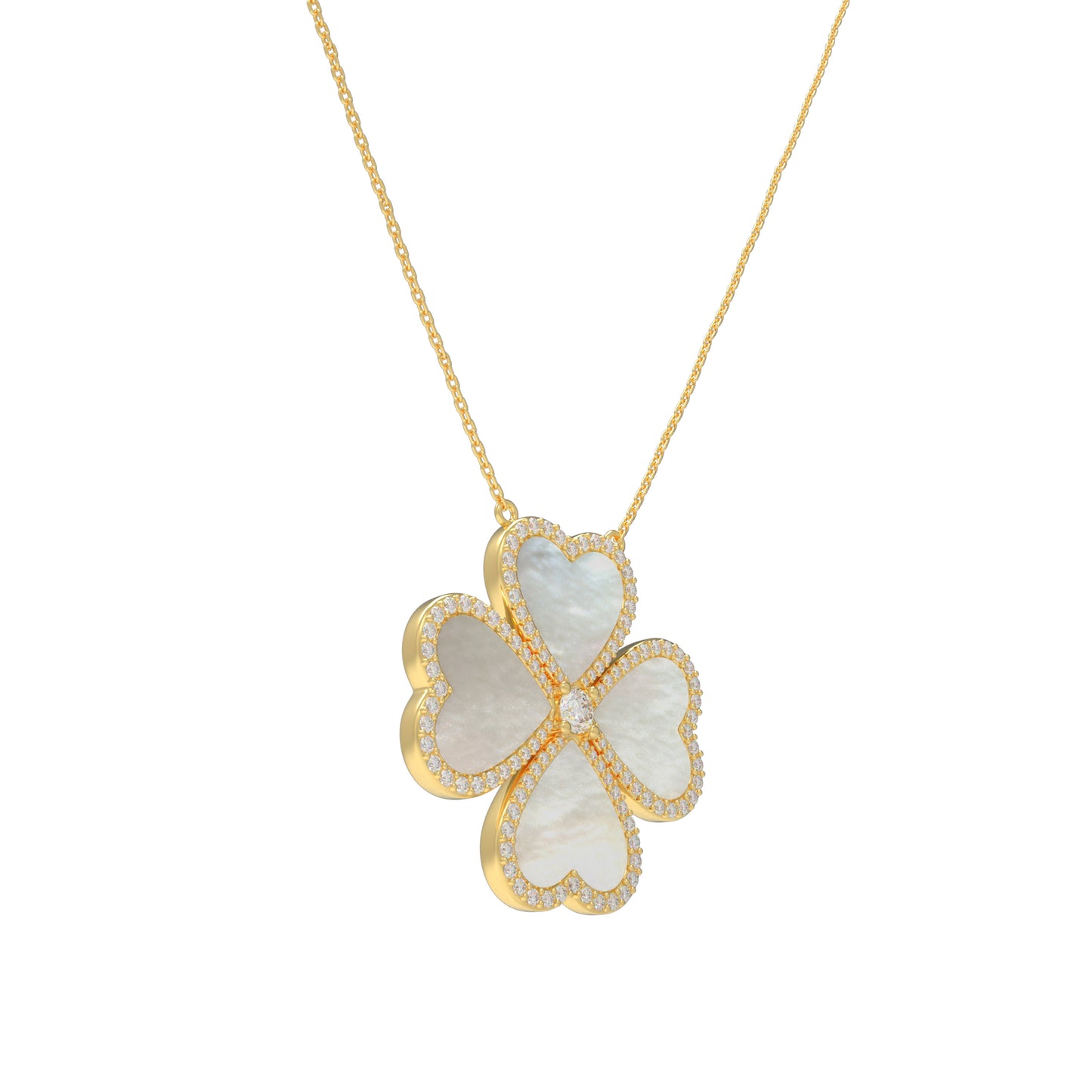 10K 14K Yellow Gold Heart Pendant Necklace, 0.5CT Lab Grown Diamond with 4 Natural Mother of Pearl Handmade Fine Jewelry 中文