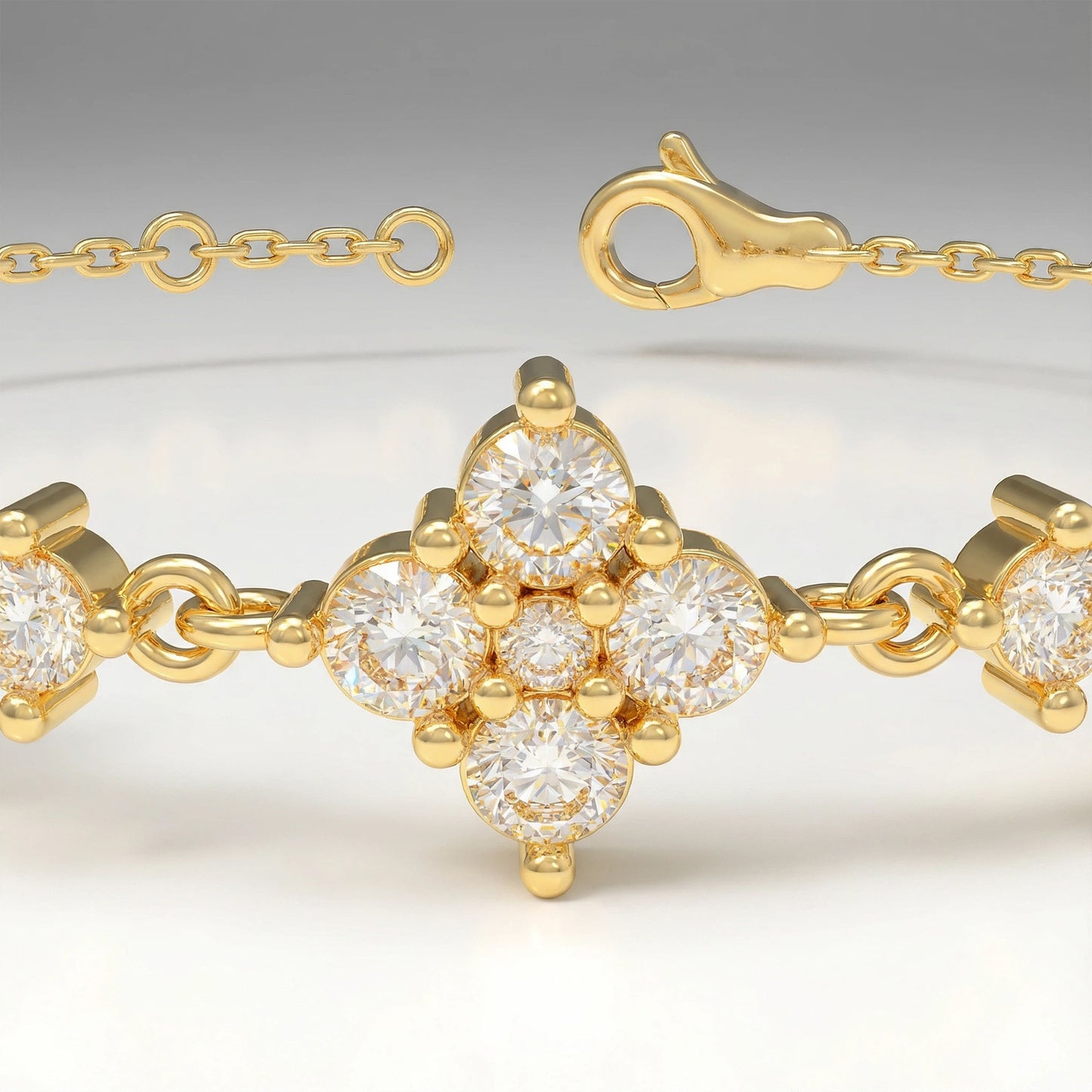 Ophelia Eternity Women's Yellow Gold Four Leaf Clover Bracelet | 2ct/3ct Lab Diamond | Adjustable Lucky Jewelry for Anniversary, Mother's Day Gift