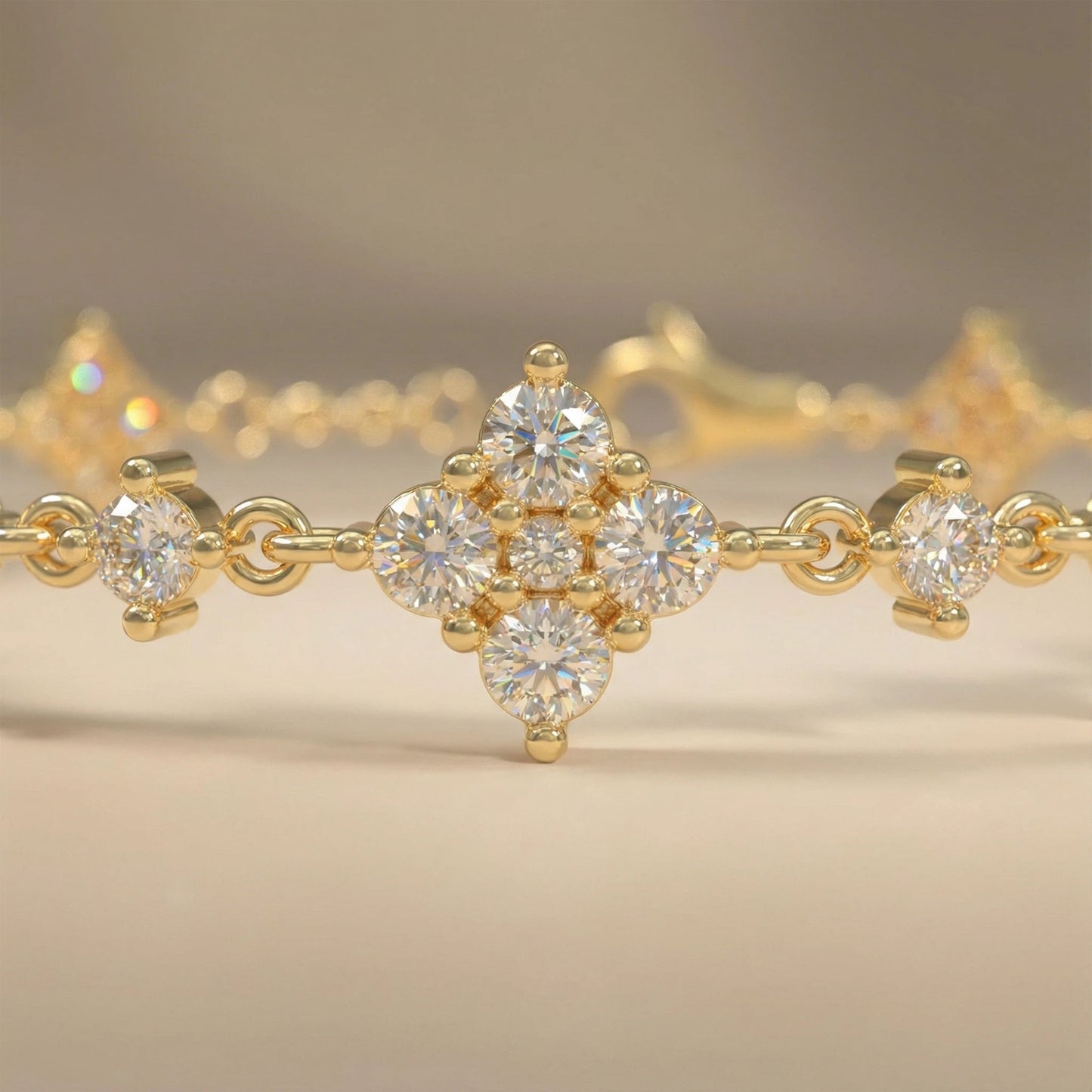 Ophelia Eternity Women's Yellow Gold Four Leaf Clover Bracelet | 2ct/3ct Lab Diamond | Adjustable Lucky Jewelry for Anniversary, Mother's Day Gift