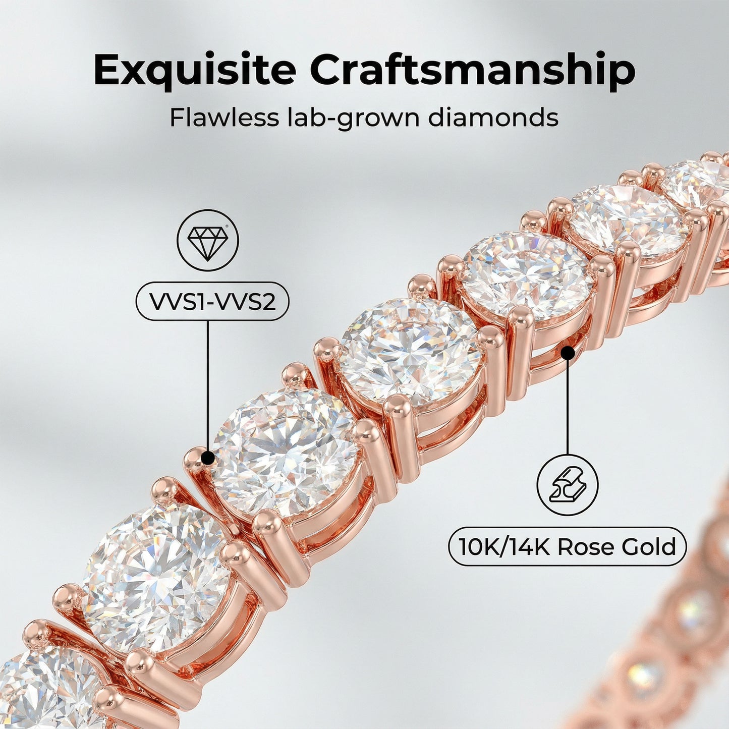 Handmade 6ct/8ct/10ct Lab-Grown Diamond Tennis Bracelet - 10K/14K Rose Gold, 4-Prong, D-VS2/SI1, Free Engraving