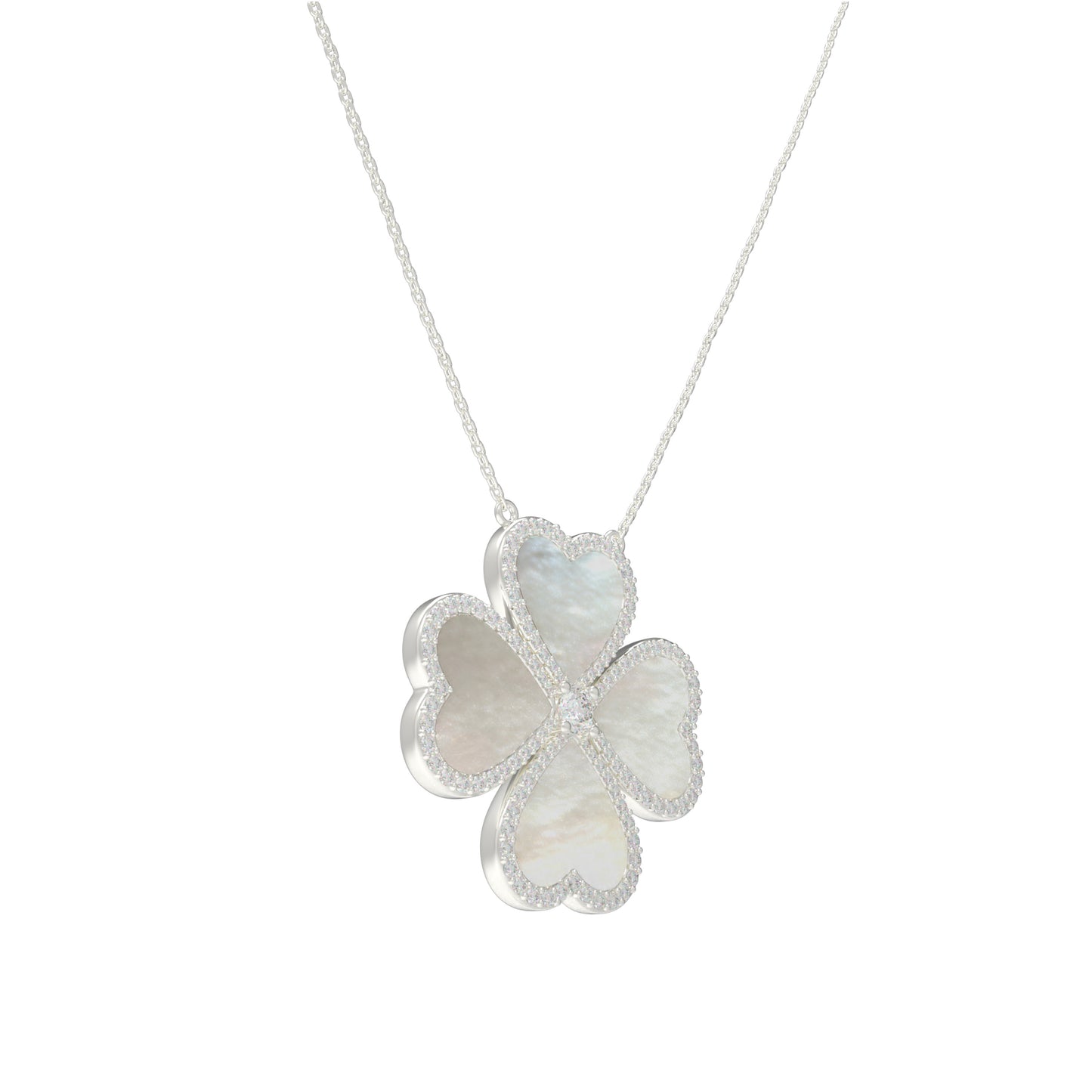 10K/14K White Gold Heart Clover Pendant Necklace, 0.5CT Lab Grown Diamond with Natural Mother of Pearl Handmade Jewelry Gift