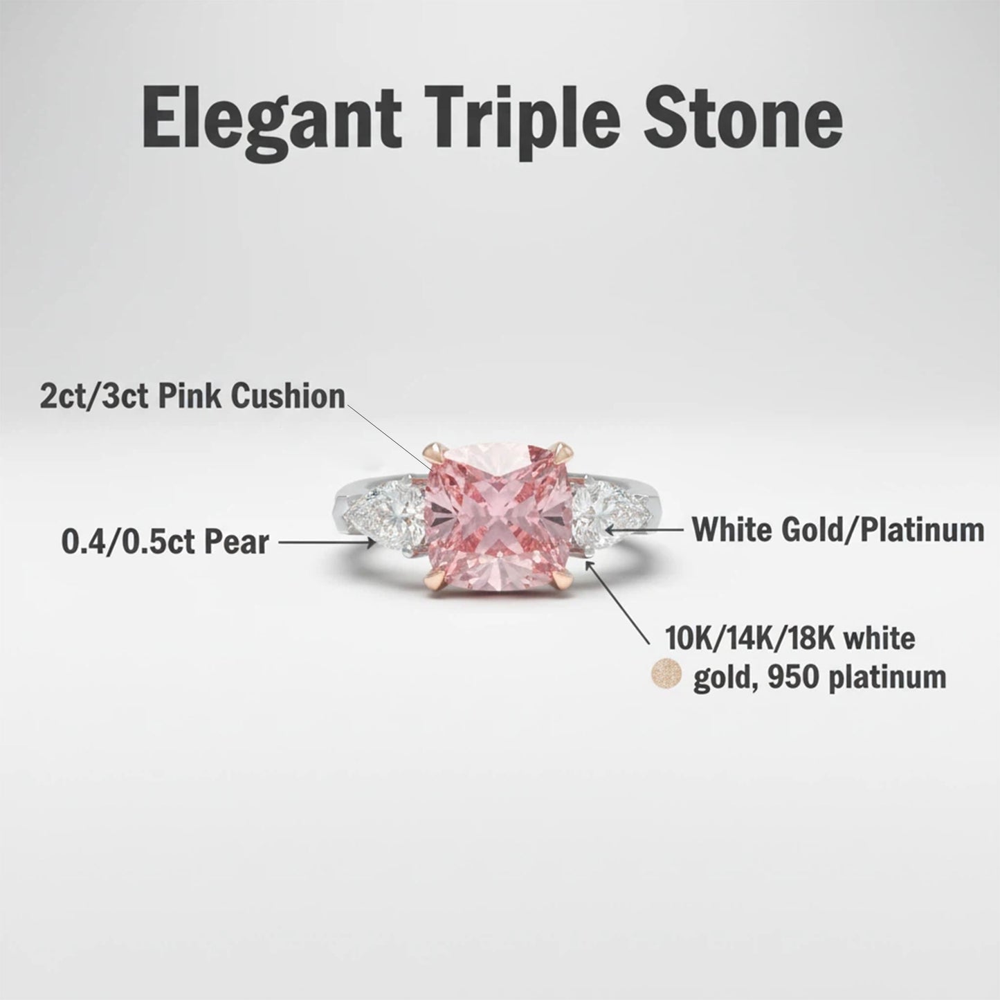 2ct Lab-Grown Pink Cushion Cut Diamond Engagement Ring, 0.8ct Labgrown Pear diamond Side Stones (0.4ct/ea VVS1-VVS2, D-E color) , 10K/14K/18K White Gold or Platinum with Rose Gold Prongs, Wedding & Anniversary Ring