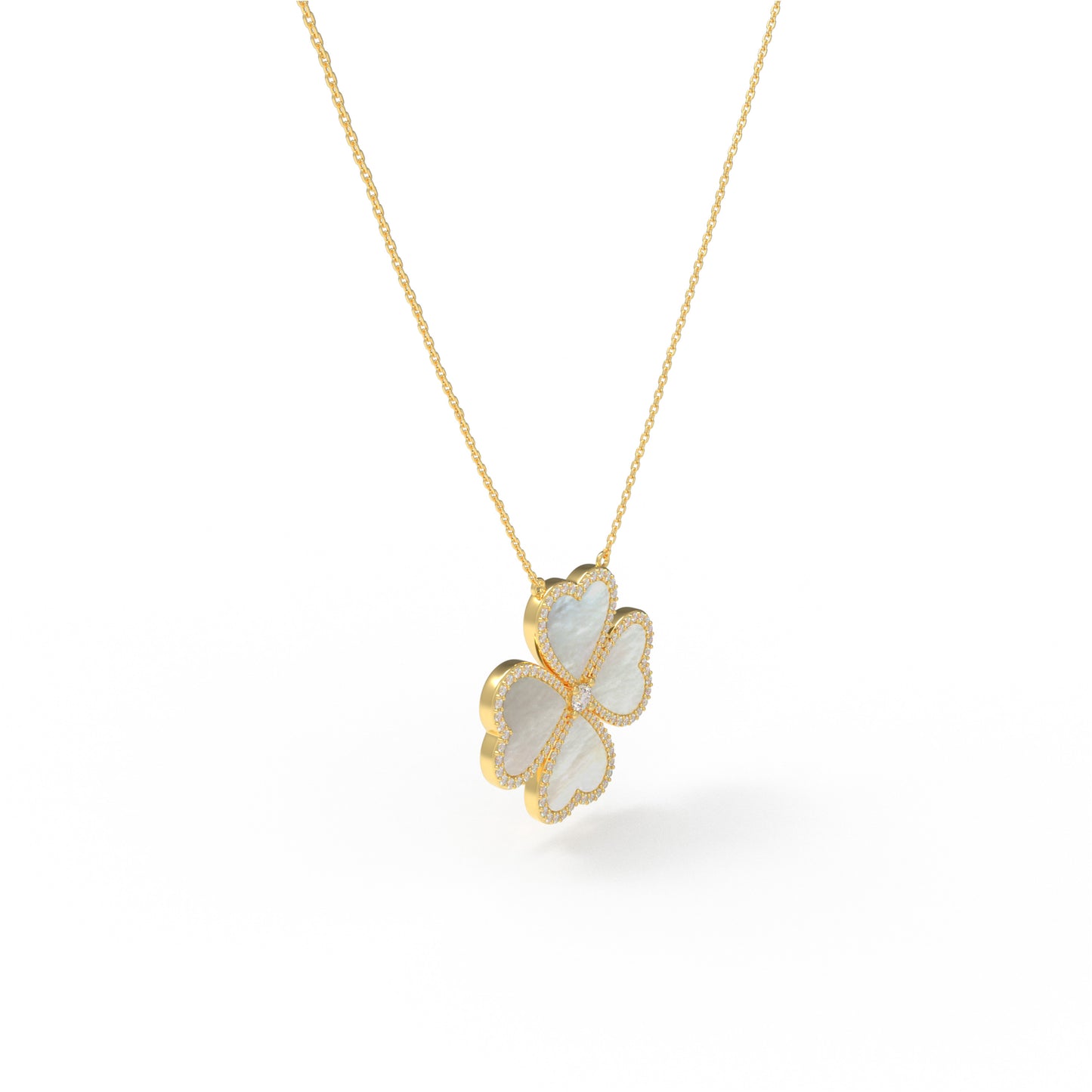 10K 14K Yellow Gold Heart Pendant Necklace, 0.5CT Lab Grown Diamond with 4 Natural Mother of Pearl Handmade Fine Jewelry 中文