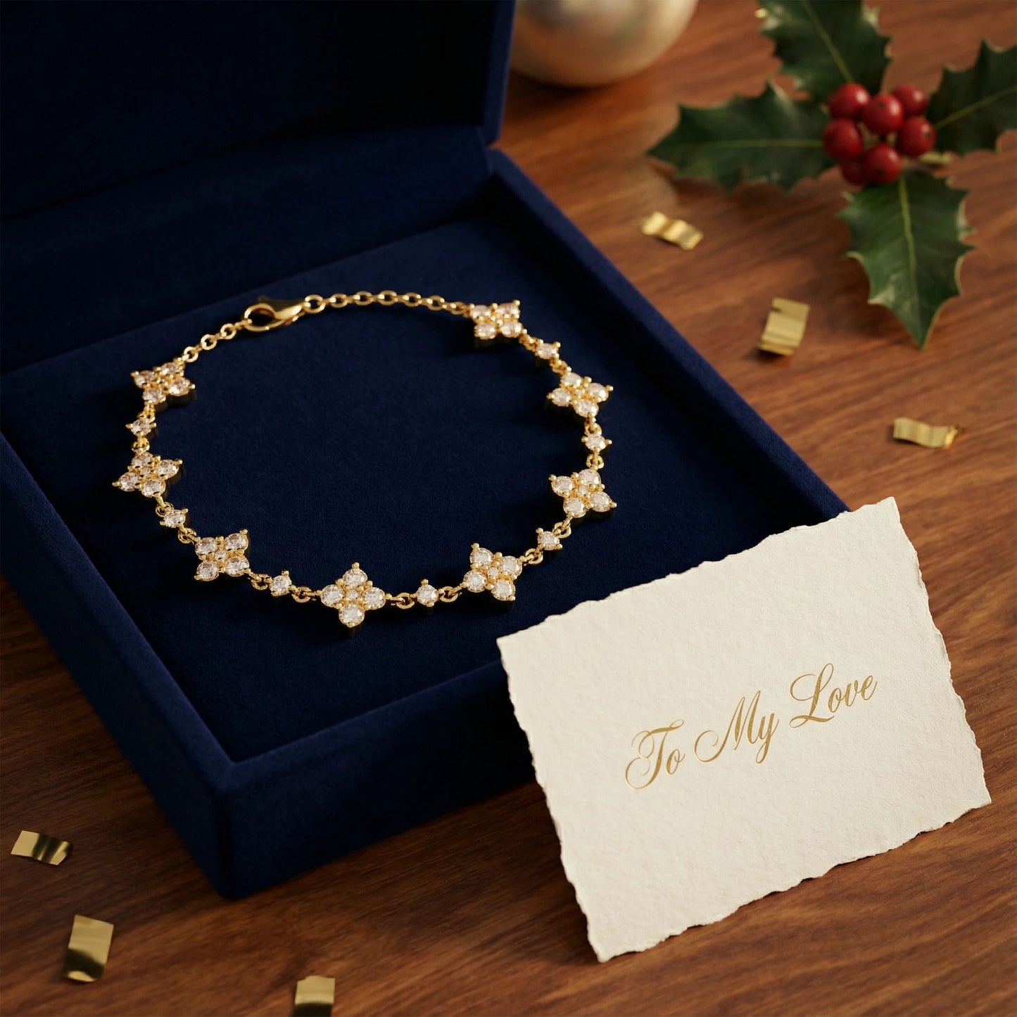 Ophelia Eternity Women's Yellow Gold Four Leaf Clover Bracelet | 2ct/3ct Lab Diamond | Adjustable Lucky Jewelry for Anniversary, Mother's Day Gift