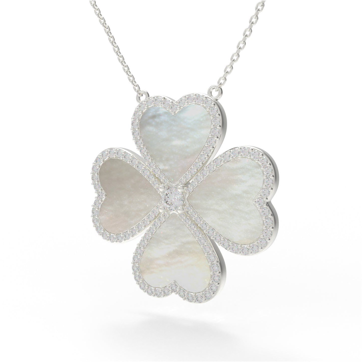 10K/14K White Gold Heart Clover Pendant Necklace, 0.5CT Lab Grown Diamond with Natural Mother of Pearl Handmade Jewelry Gift