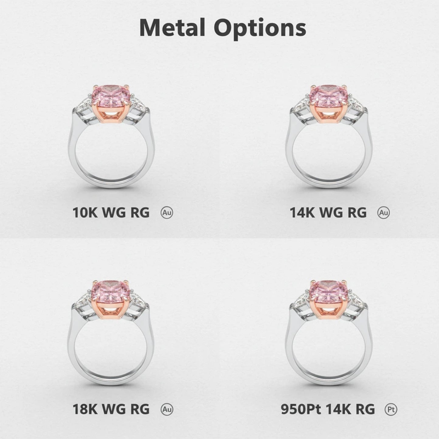 2ct Lab-Grown Pink Cushion Cut Diamond Engagement Ring, 0.8ct Labgrown Pear diamond Side Stones (0.4ct/ea VVS1-VVS2, D-E color) , 10K/14K/18K White Gold or Platinum with Rose Gold Prongs, Wedding & Anniversary Ring