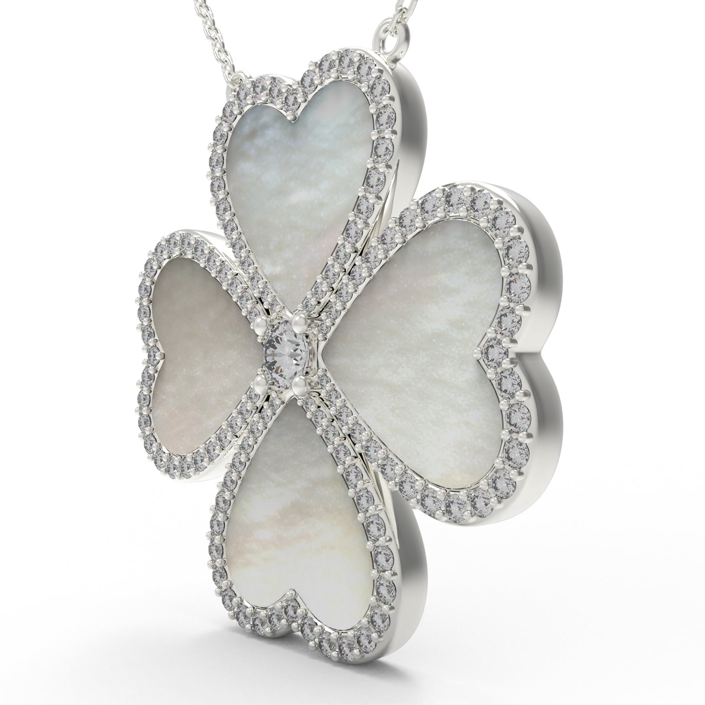10K/14K White Gold Heart Clover Pendant Necklace, 0.5CT Lab Grown Diamond with Natural Mother of Pearl Handmade Jewelry Gift