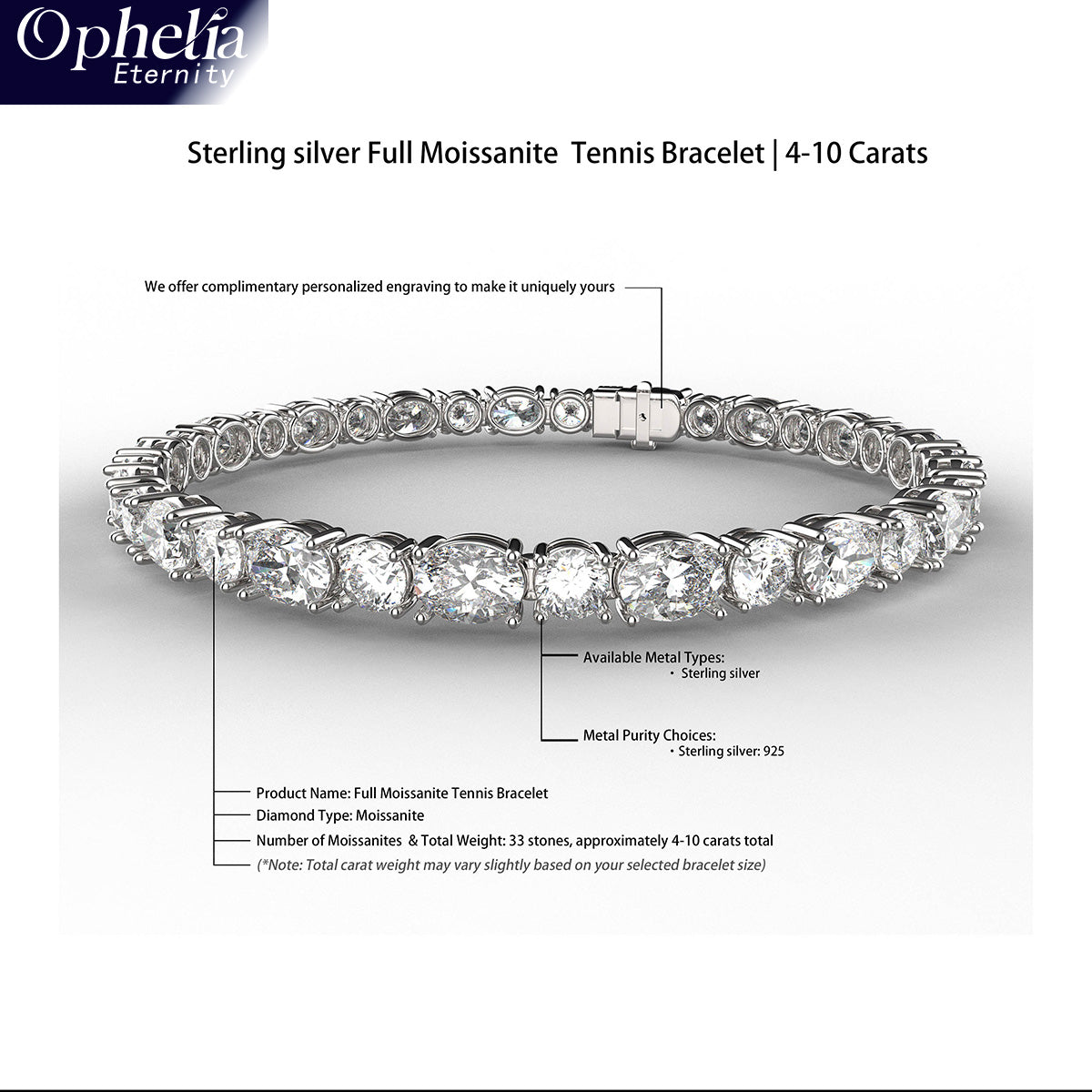Ophelia Eternity Handmade 925 Silver Moissanite Tennis Bracelet for Women | 4-10 Carats | 33-Stone Elegant Jewelry | Free Engraving & Gift Box