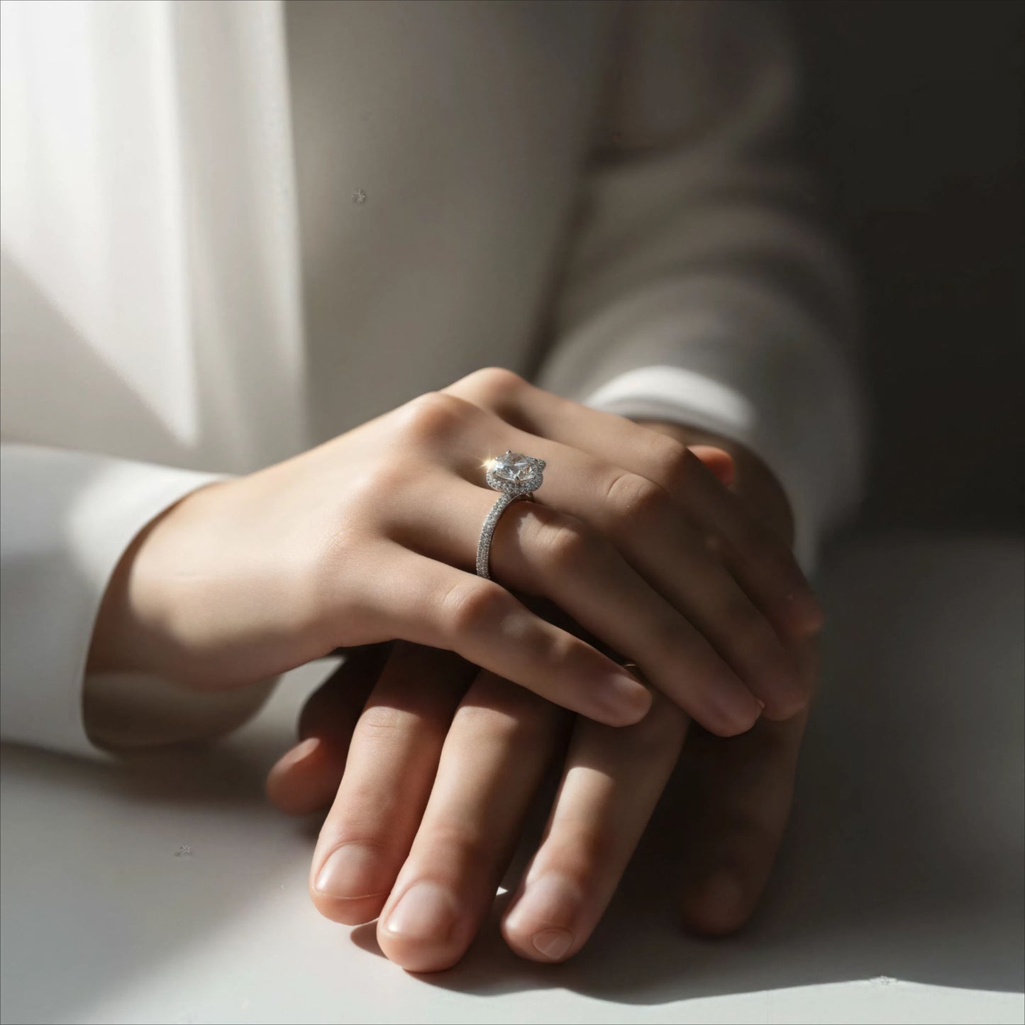 Handmade Engagement Wedding Ring with 1CT/2CT/3CT Main Stone & 0.5CT Side Stones, 9K/14K/18K White Gold Optional