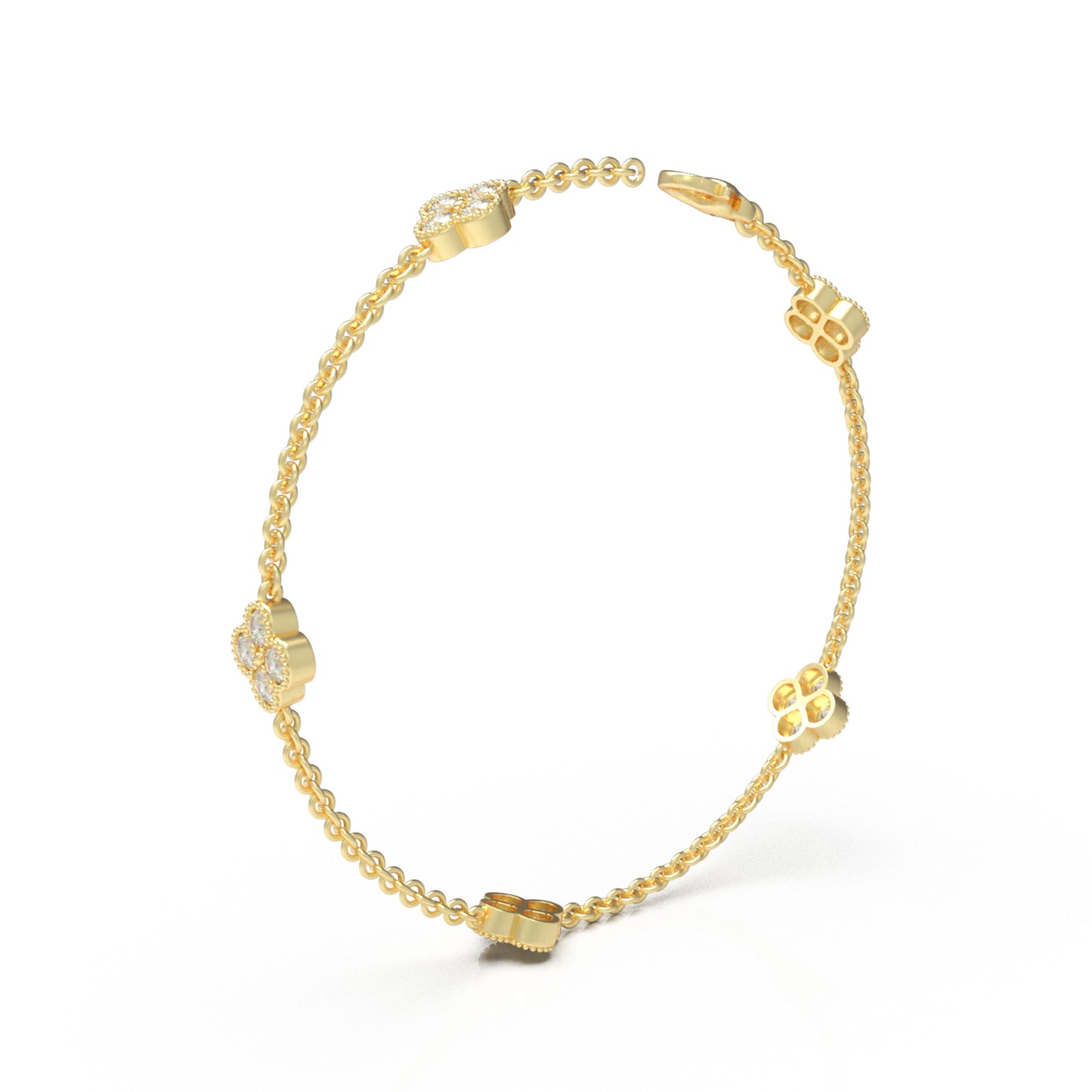 Sterling Silver 14K Gold Plated Four Leaf Clover Lucky Bracelet with 1ct/2ct/3ct Moissanite Stones, Gift for Her