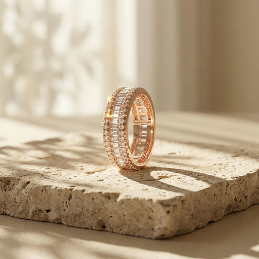 14K Rose Gold Plated Eternity Ring – 96 Round & 45 Baguette Moissanite – Engagement Wedding Band