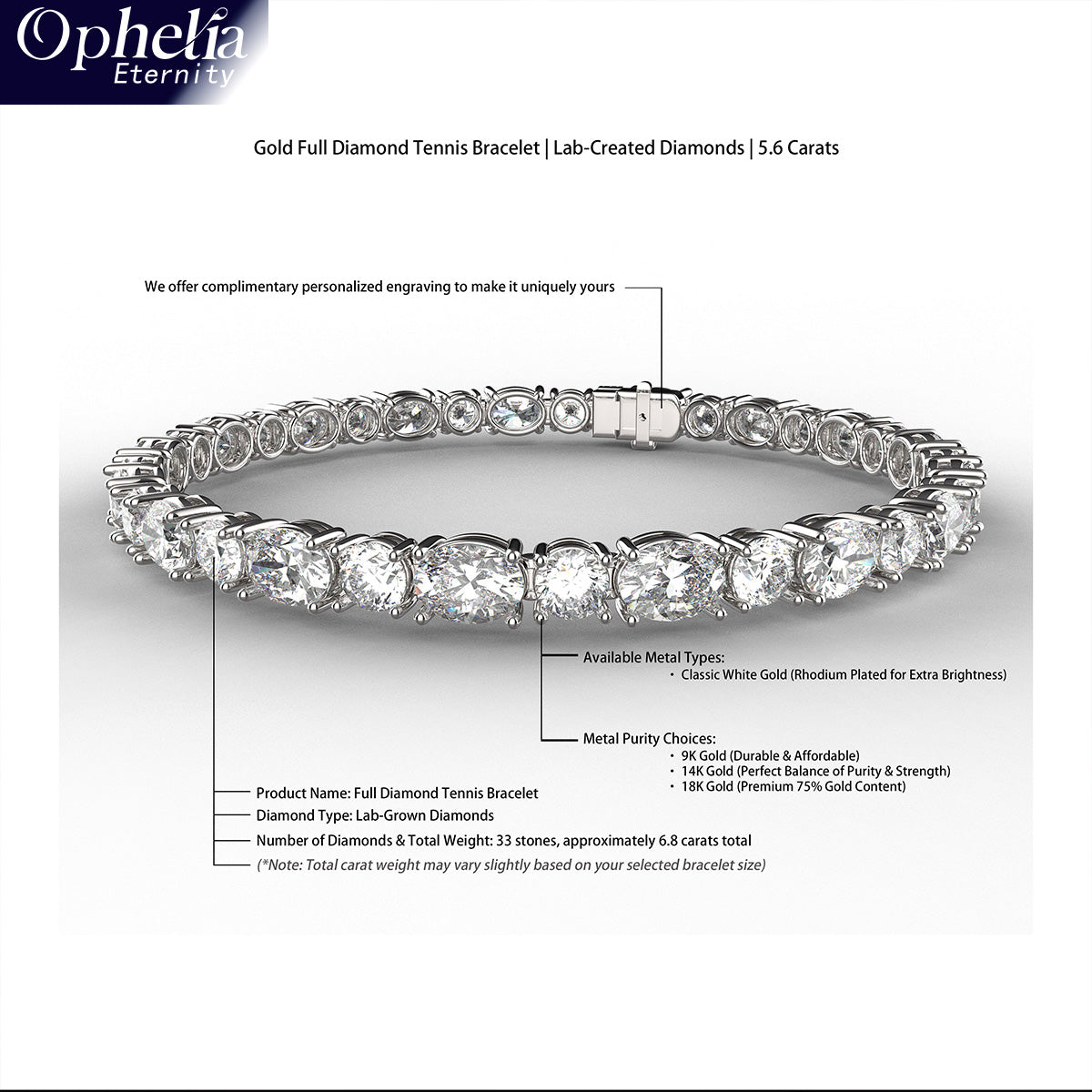 Ophelia Eternity 4-10ct 9K/14K18K  White Gold Lab-grown diamond Tennis Bracelet, 4-Prong, D-VS2/SI1 - Free