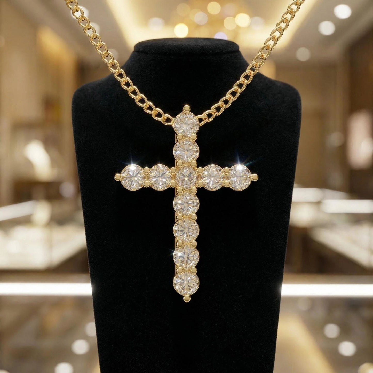 10K/14K Yellow Gold Cross Lucky Pendant Necklace with 0.7ct Lab Grown Diamonds, 11 Stones of 3mm Diameter, Perfect Gift for Women, Girlfriend, Wife, Mom, Client on Birthday, Anniversary, Mother's Day