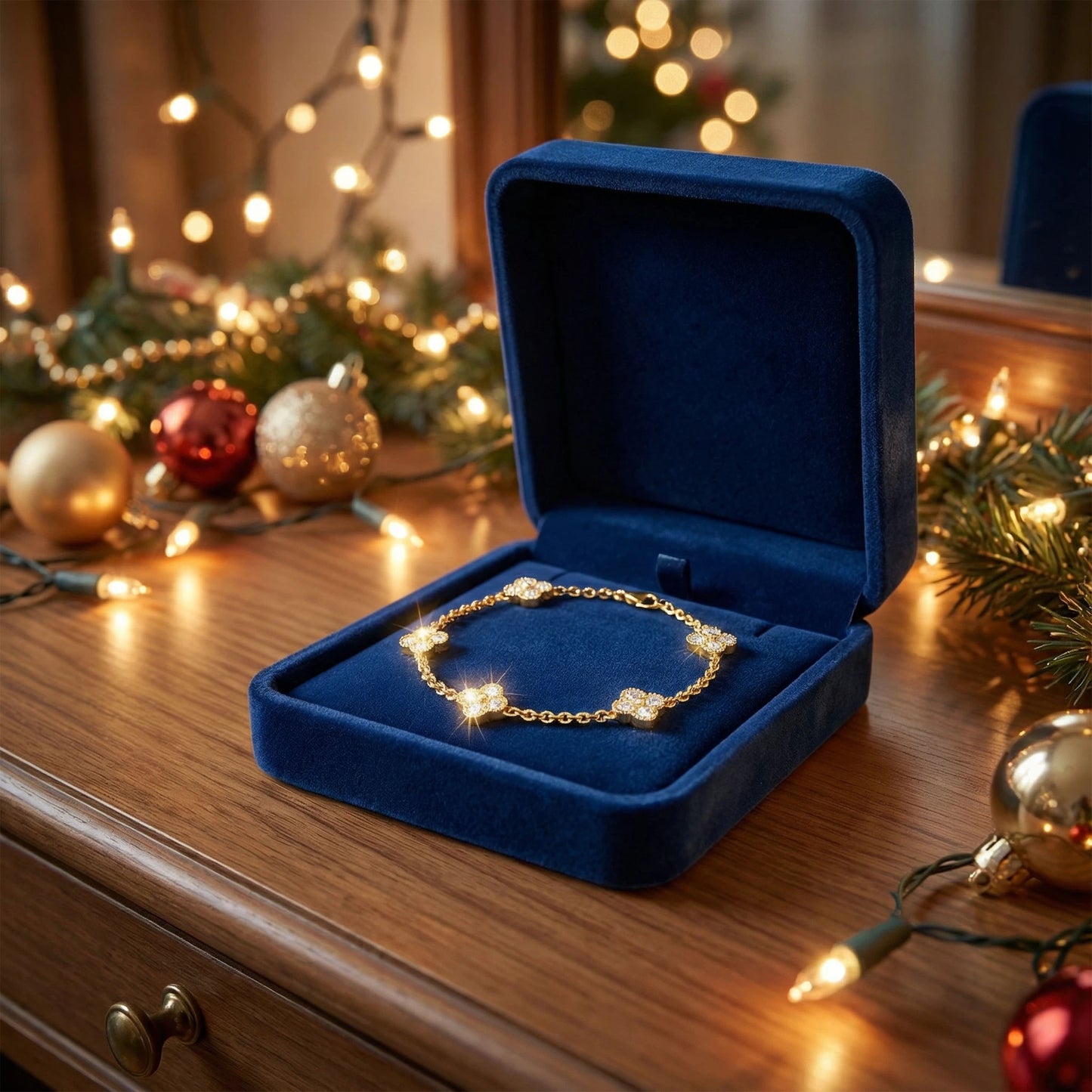 Sterling Silver 14K Gold Plated Four Leaf Clover Lucky Bracelet with 1ct/2ct/3ct Moissanite Stones, Gift for Her