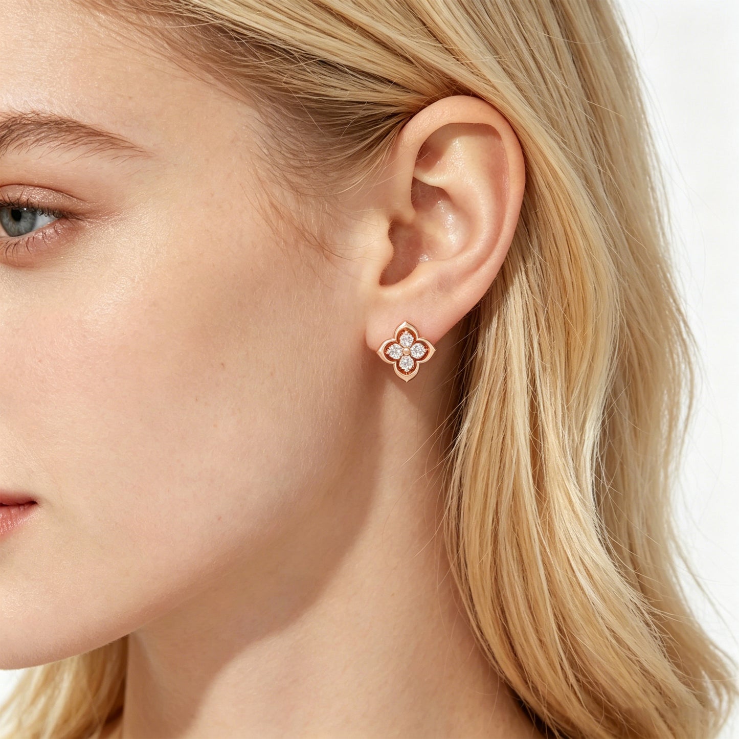 10K/14K Rose Gold Clover Lab-Grown Diamond Stud Earrings, 0.4 CTW, Song Dynasty Inspired
