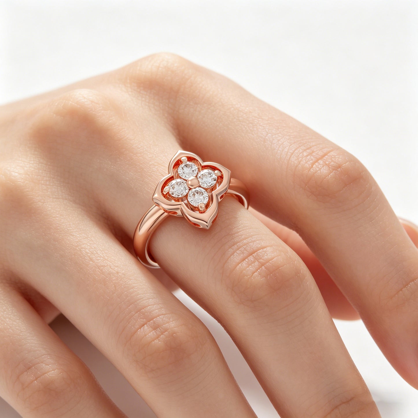10K/14K Rose Gold Clover Lab-Grown Diamond Ring, 0.2 CTW, Song Dynasty Inspired Promise Ring