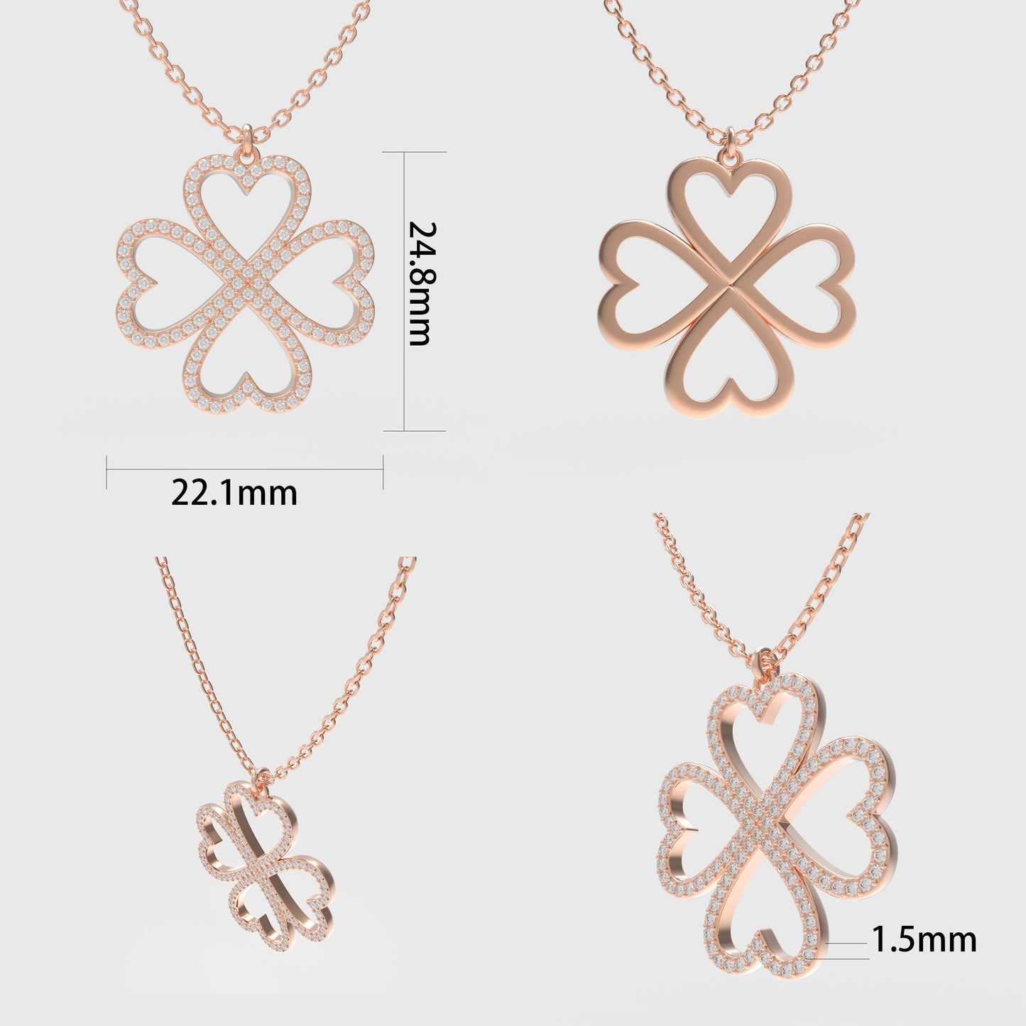 Ophelia Eternity 10K/14K Rose Gold Four-Leaf Clover Heart Pendant Necklace with 0.5ct Lab-Grown Diamonds, Good Luck Jewelry Gift for Women, Sisters & Lovers