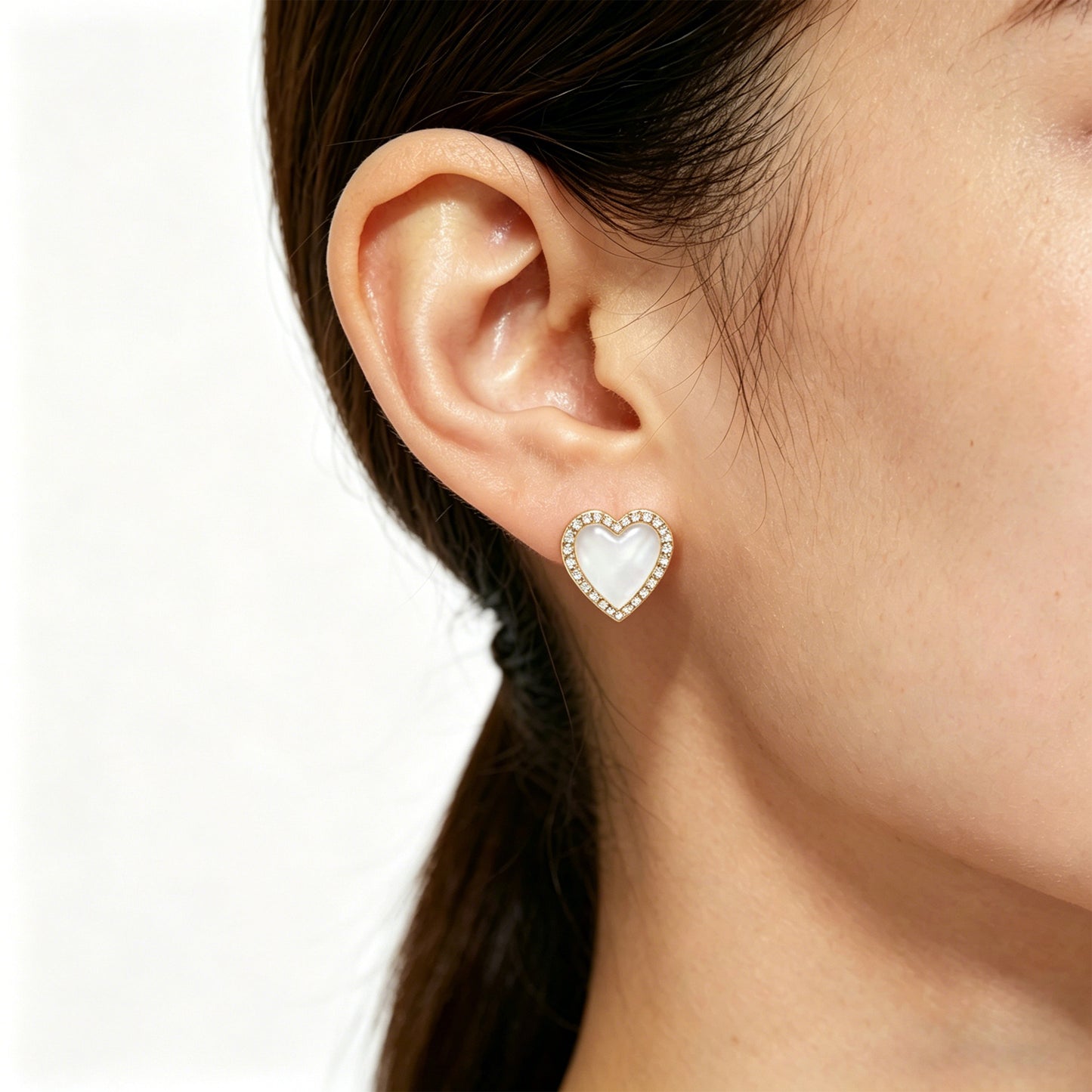 10K/14K Yellow Gold Heart Stud Earrings, 0.4ct Lab Grown Diamond & Mother of Pearl, Daily Jewelry for Women