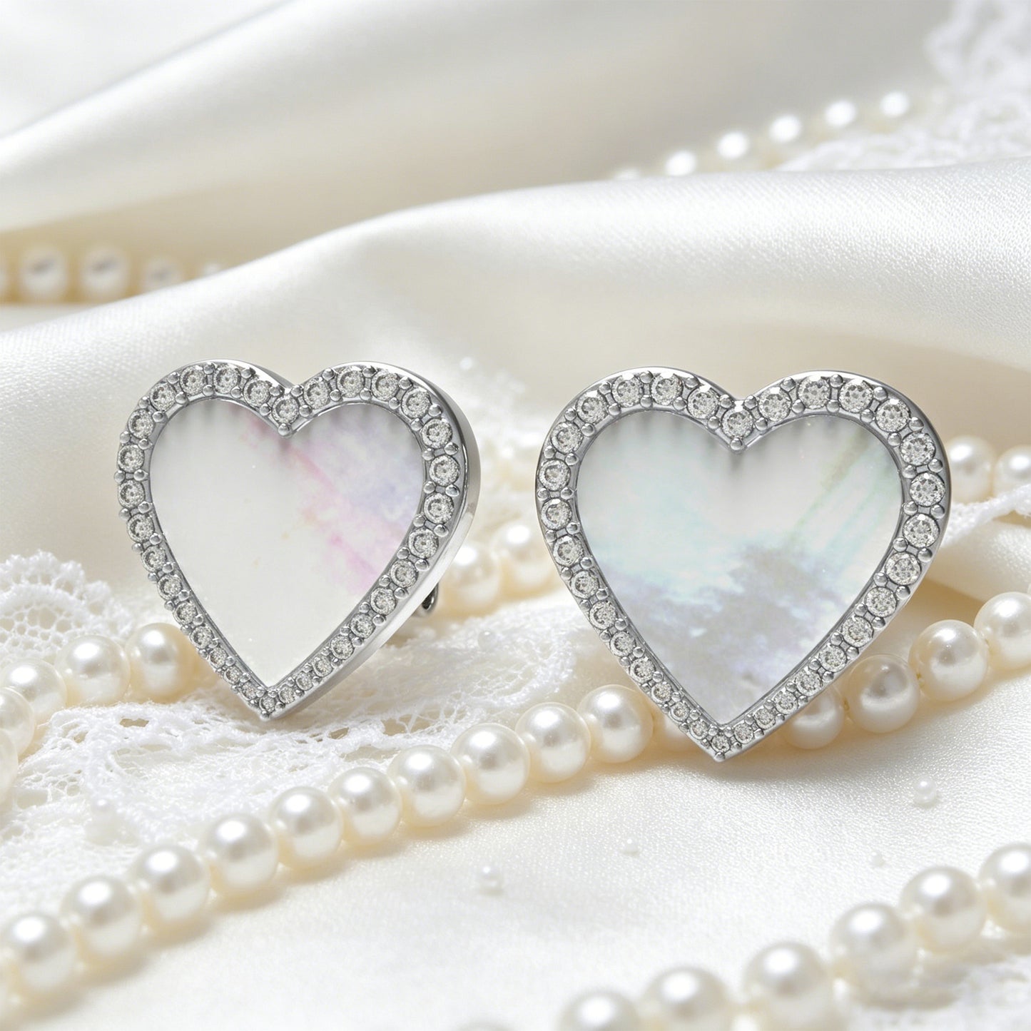 925 Sterling Silver Heart Stud Earrings, 0.4ct Lab Grown Moissanite & Mother of Pearl, Hypoallergenic Daily Wear Earrings for Women