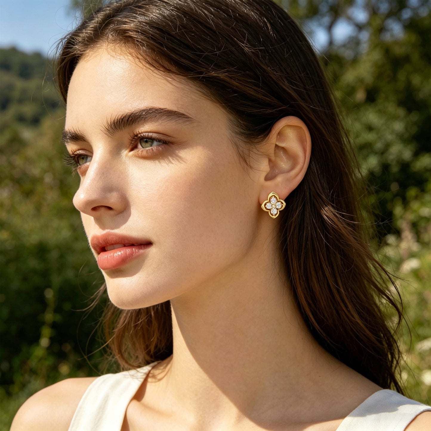 10K/14K Yellow Gold Clover Lab-Grown Diamond Stud Earrings, 0.4 CTW, Song Dynasty Inspired
