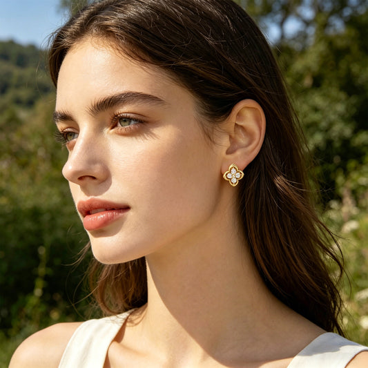 10K/14K Yellow Gold Clover Lab-Grown Diamond Stud Earrings, 0.4 CTW, Song Dynasty Inspired