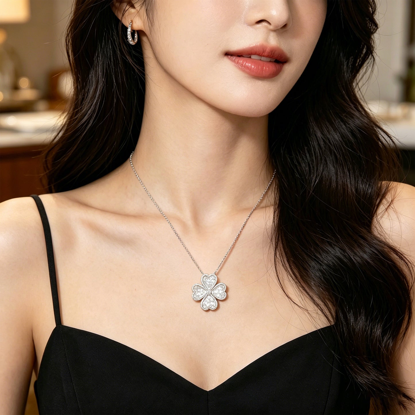 10K/14K White Gold Heart Clover Pendant Necklace, 0.5CT Lab Grown Diamond with Natural Mother of Pearl Handmade Jewelry Gift