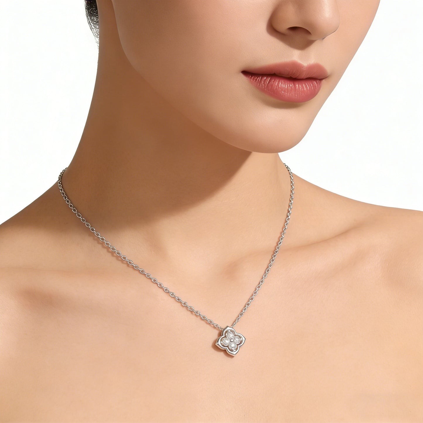 0.4ct Lab Grown Diamond Clover Pendant Necklace, 18K White Gold, Song Dynasty Aesthetics Inspired, Elegant Women’s Jewelry Gift for Her, Mom, Sister, Wife, Client