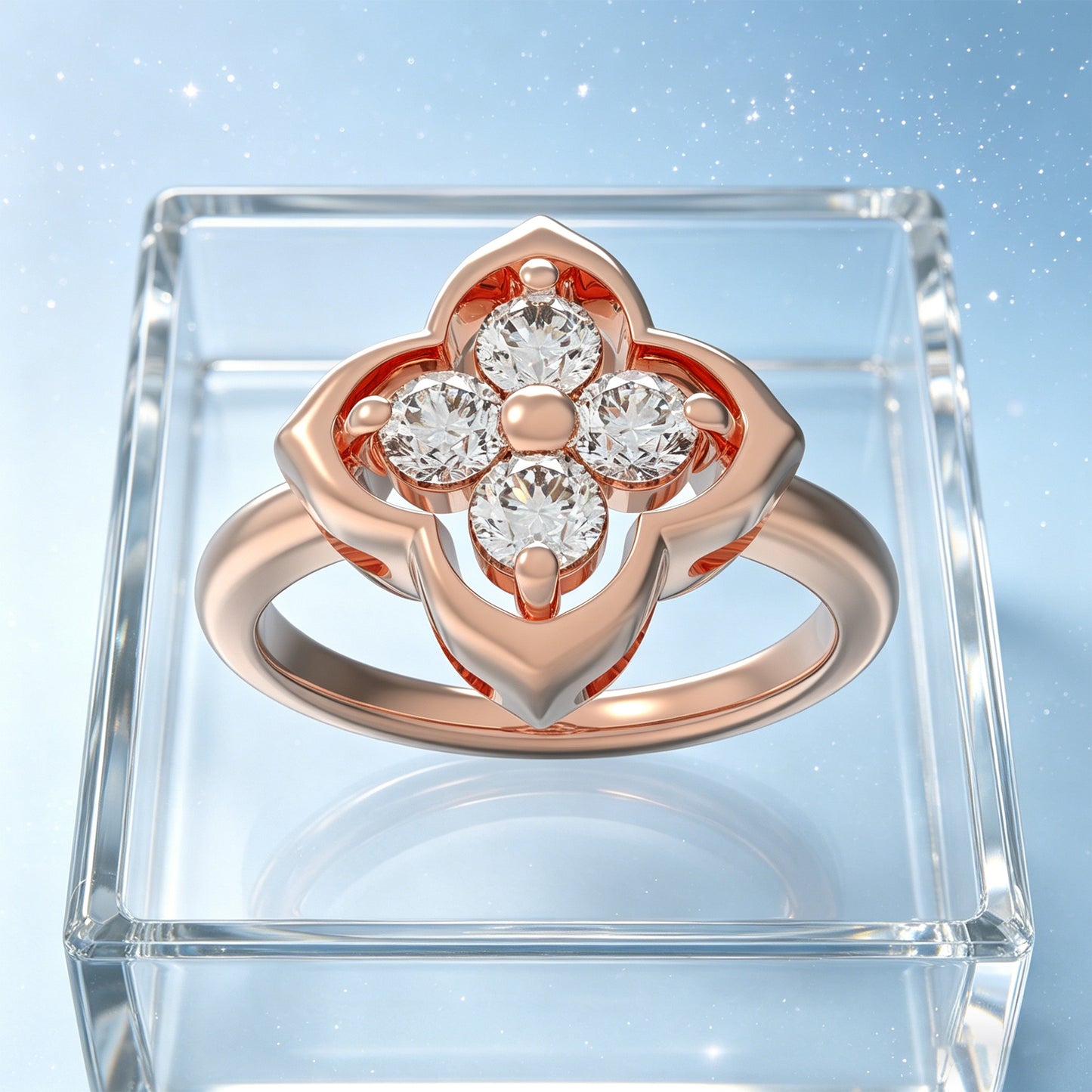 10K/14K Rose Gold Clover Lab-Grown Diamond Ring, 0.2 CTW, Song Dynasty Inspired Promise Ring