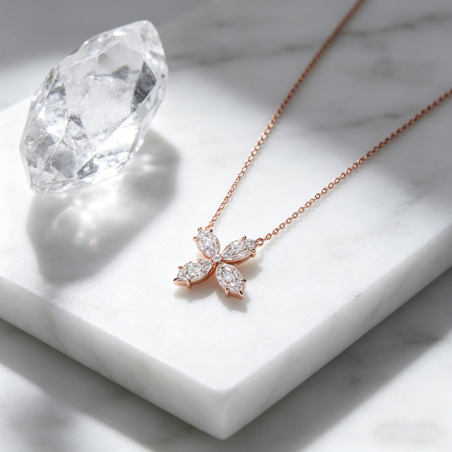10K/14K Rose Gold Marquise Lab-Grown Diamond Clover Pendant Necklace, 1.35 CTW for Women
