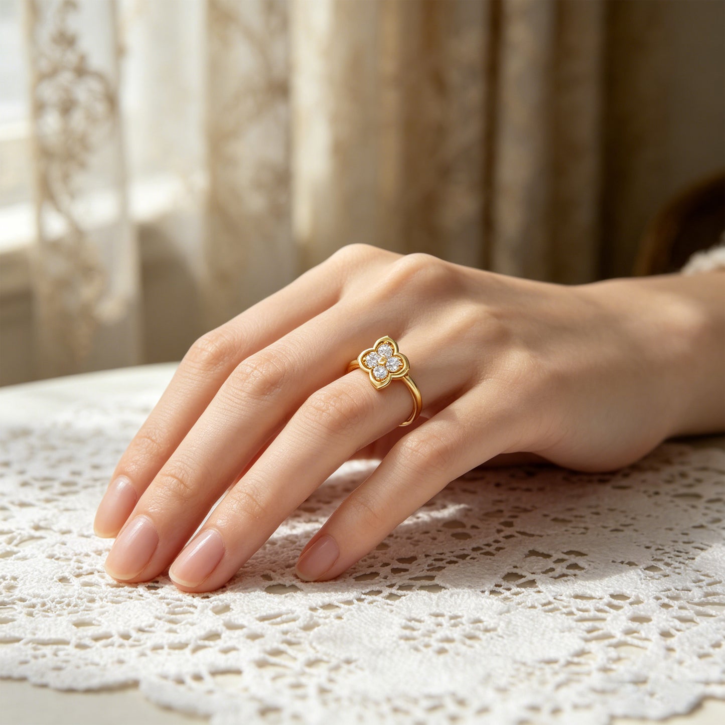 10K/14K Yellow Gold Clover Lab-Grown Diamond Ring, 0.2 CTW, Song Dynasty Inspired Promise Ring