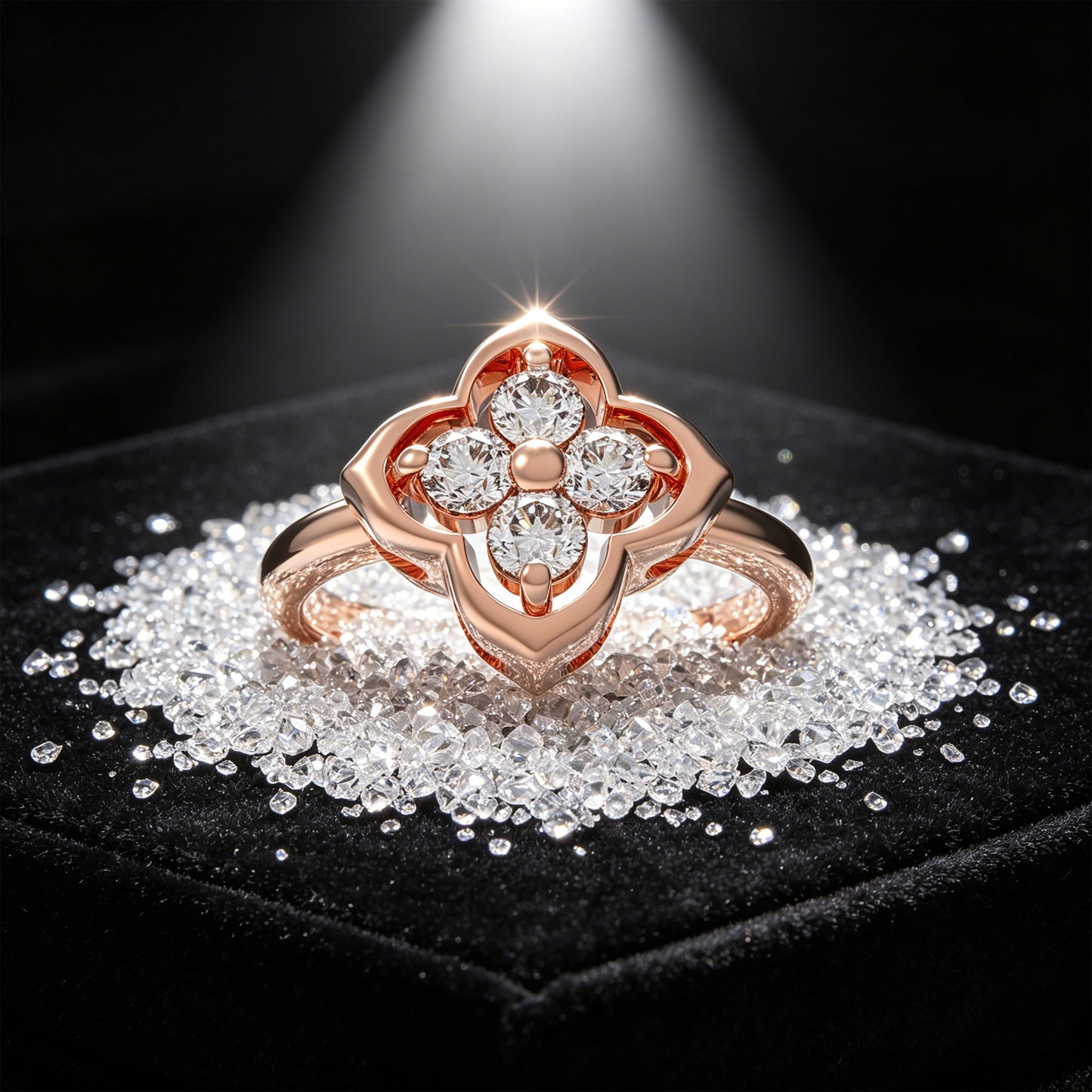 10K/14K Rose Gold Clover Lab-Grown Diamond Ring, 0.2 CTW, Song Dynasty Inspired Promise Ring
