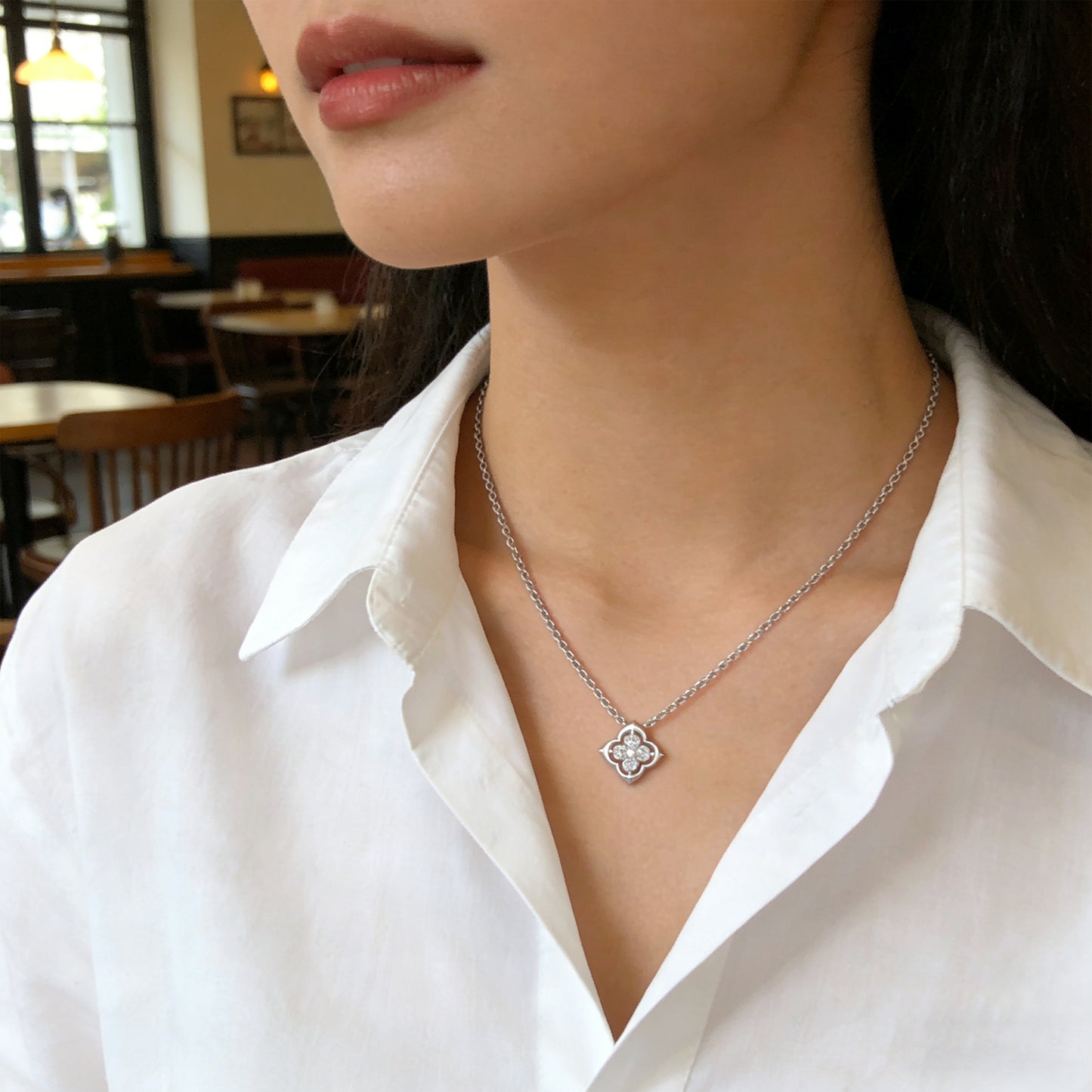 0.4ct Lab Grown Diamond Clover Pendant Necklace, 18K White Gold, Song Dynasty Aesthetics Inspired, Elegant Women’s Jewelry Gift for Her, Mom, Sister, Wife, Client