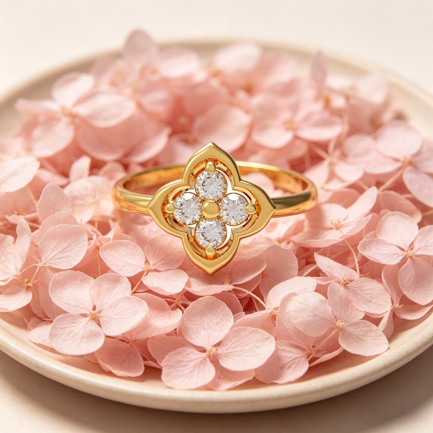10K/14K Yellow Gold Clover Lab-Grown Diamond Ring, 0.2 CTW, Song Dynasty Inspired Promise Ring
