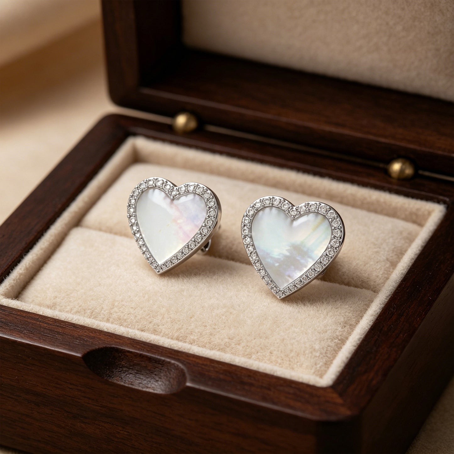 925 Sterling Silver Heart Stud Earrings, 0.4ct Lab Grown Moissanite & Mother of Pearl, Hypoallergenic Daily Wear Earrings for Women