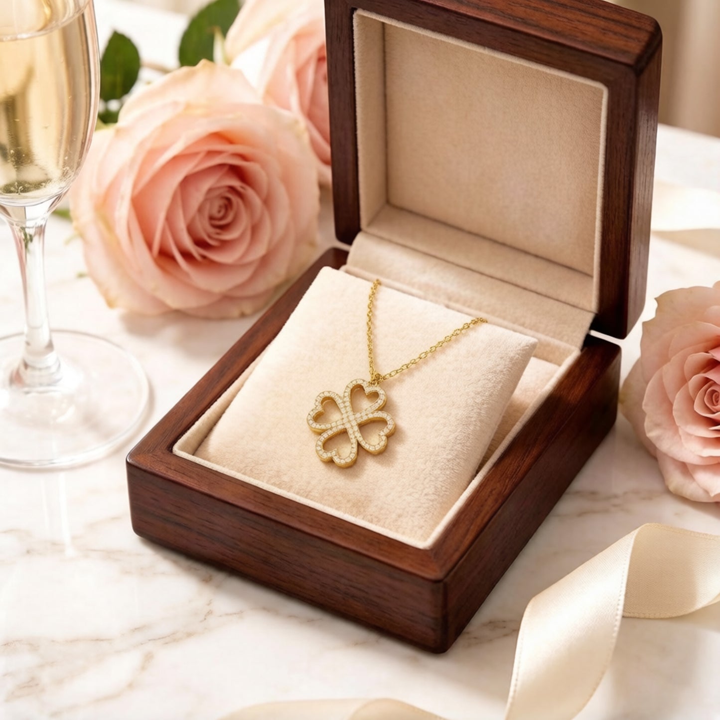 Ophelia Eternity 10K/14K Yellow Gold Four-Leaf Clover Heart Pendant Necklace with 0.5ct Lab-Grown Diamonds, Good Luck Jewelry Gift for Women, Sisters & Lovers