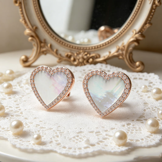 Heart Stud Earrings, 10K/14K Rose Gold, 0.4ct Lab Grown Diamond Halo & Mother of Pearl, Daily Wear Earrings for Women