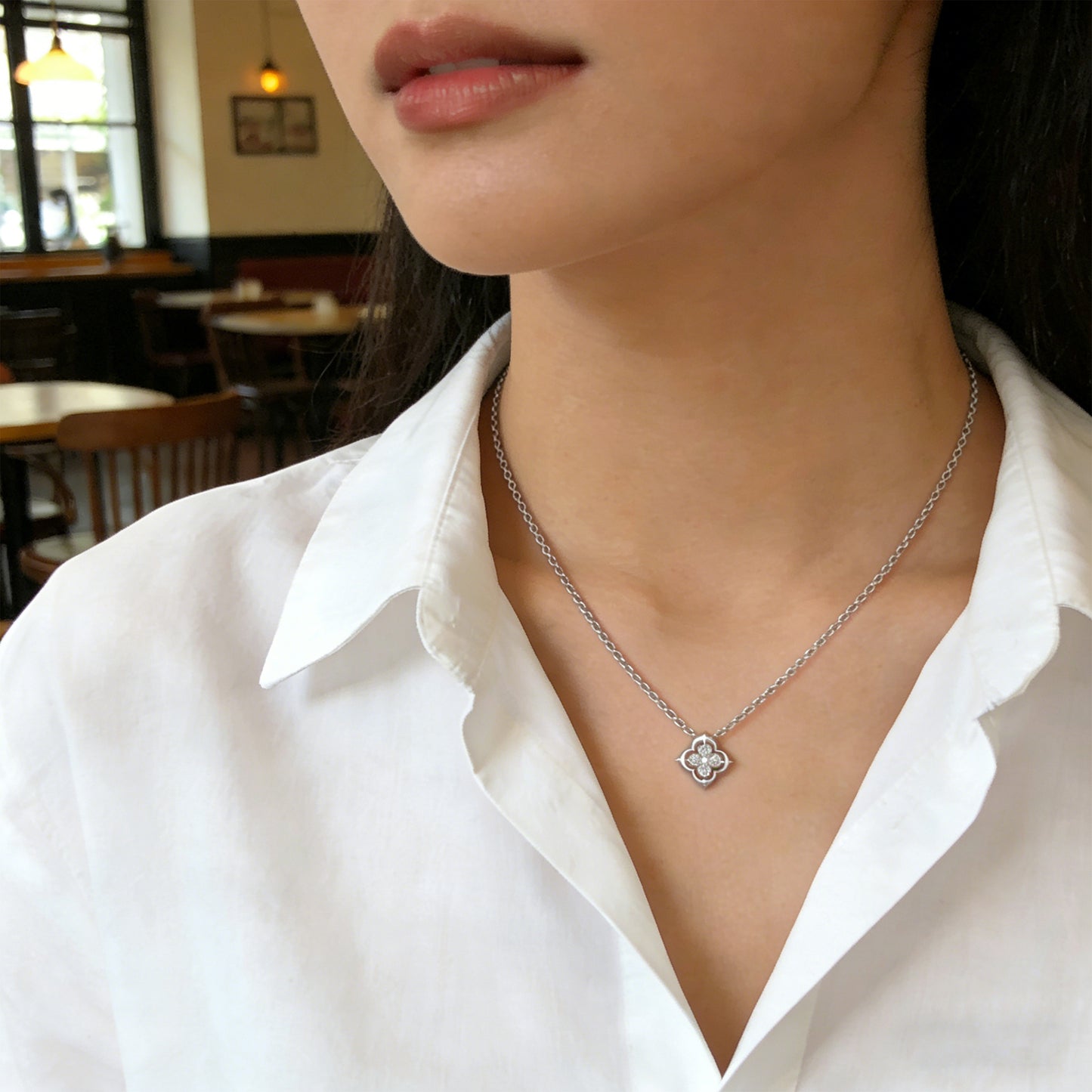 0.4ct Lab Grown Diamond Clover Pendant Necklace, 18K White Gold, Song Dynasty Aesthetics Inspired, Elegant Women’s Jewelry Gift for Her, Mom, Sister, Wife, Client