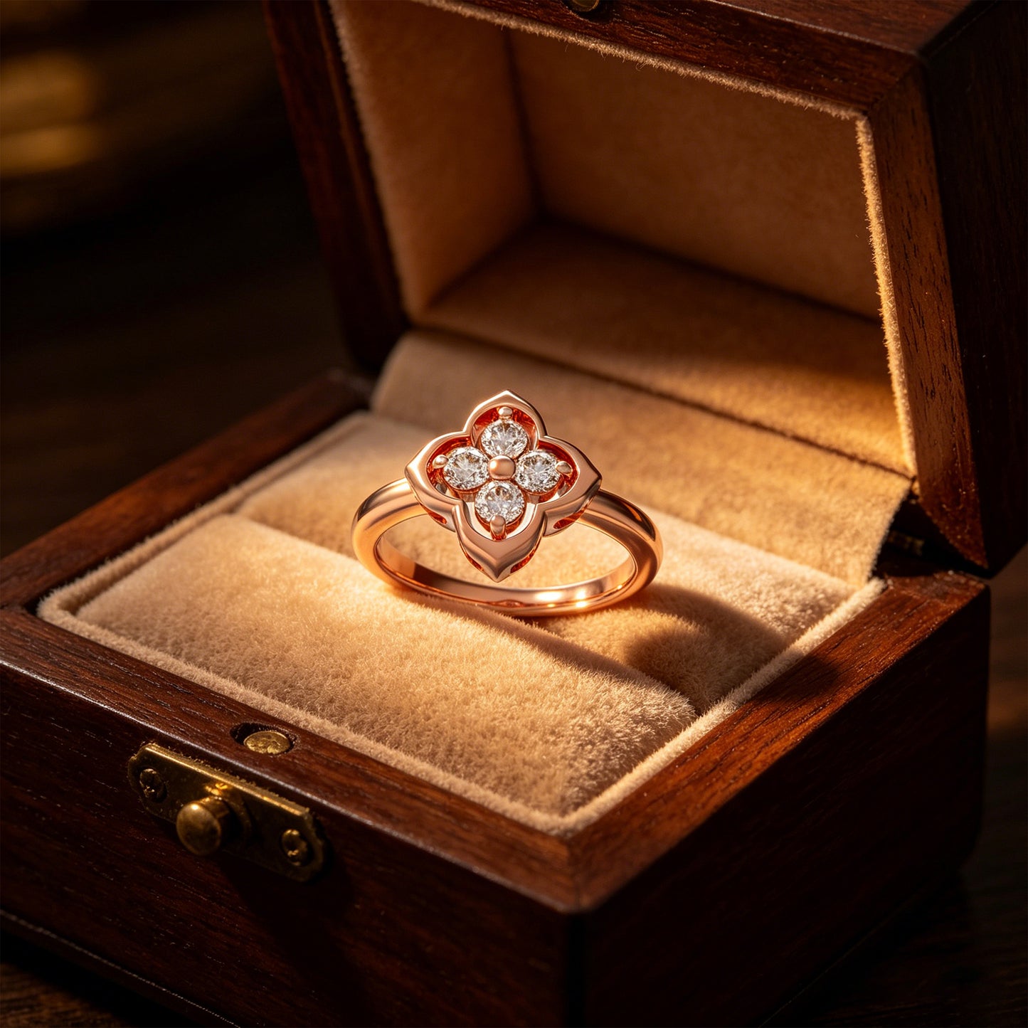 10K/14K Rose Gold Clover Lab-Grown Diamond Ring, 0.2 CTW, Song Dynasty Inspired Promise Ring