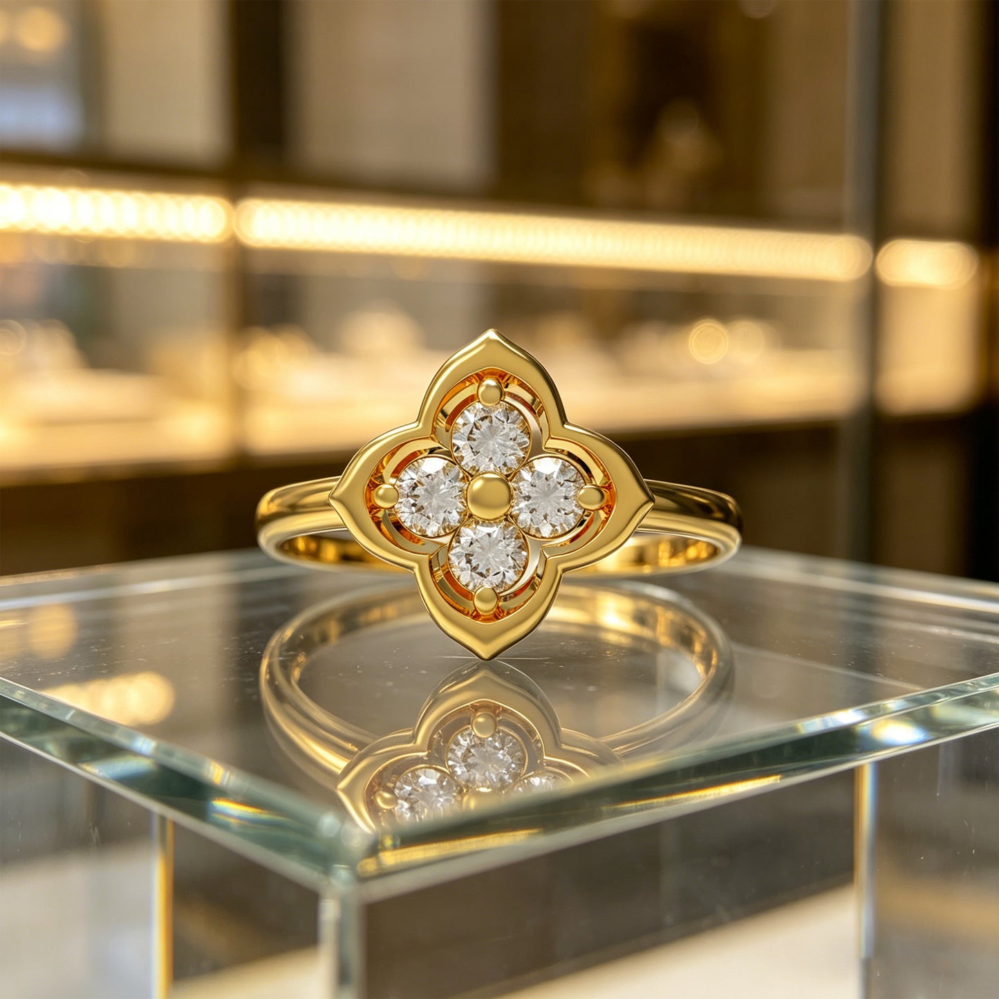 10K/14K Yellow Gold Clover Lab-Grown Diamond Ring, 0.2 CTW, Song Dynasty Inspired Promise Ring