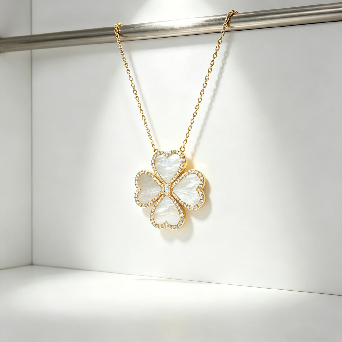 10K 14K Yellow Gold Heart Pendant Necklace, 0.5CT Lab Grown Diamond with 4 Natural Mother of Pearl Handmade Fine Jewelry 中文
