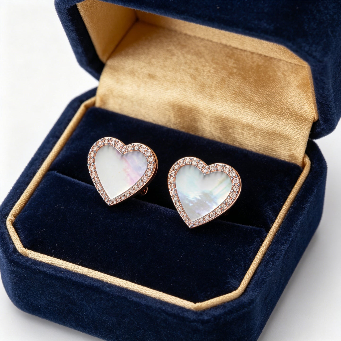 Heart Stud Earrings, 10K/14K Rose Gold, 0.4ct Lab Grown Diamond Halo & Mother of Pearl, Daily Wear Earrings for Women
