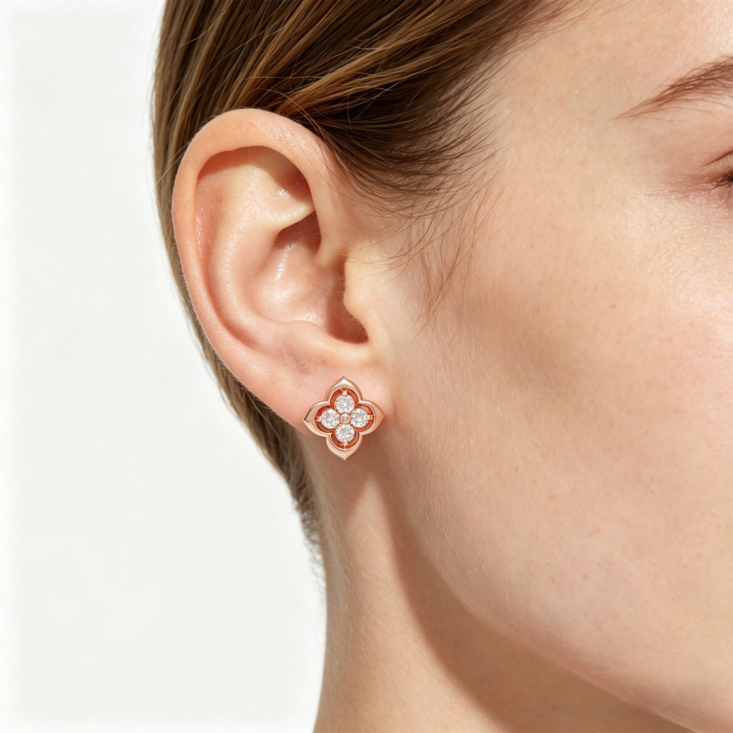 10K/14K Rose Gold Clover Lab-Grown Diamond Stud Earrings, 0.4 CTW, Song Dynasty Inspired