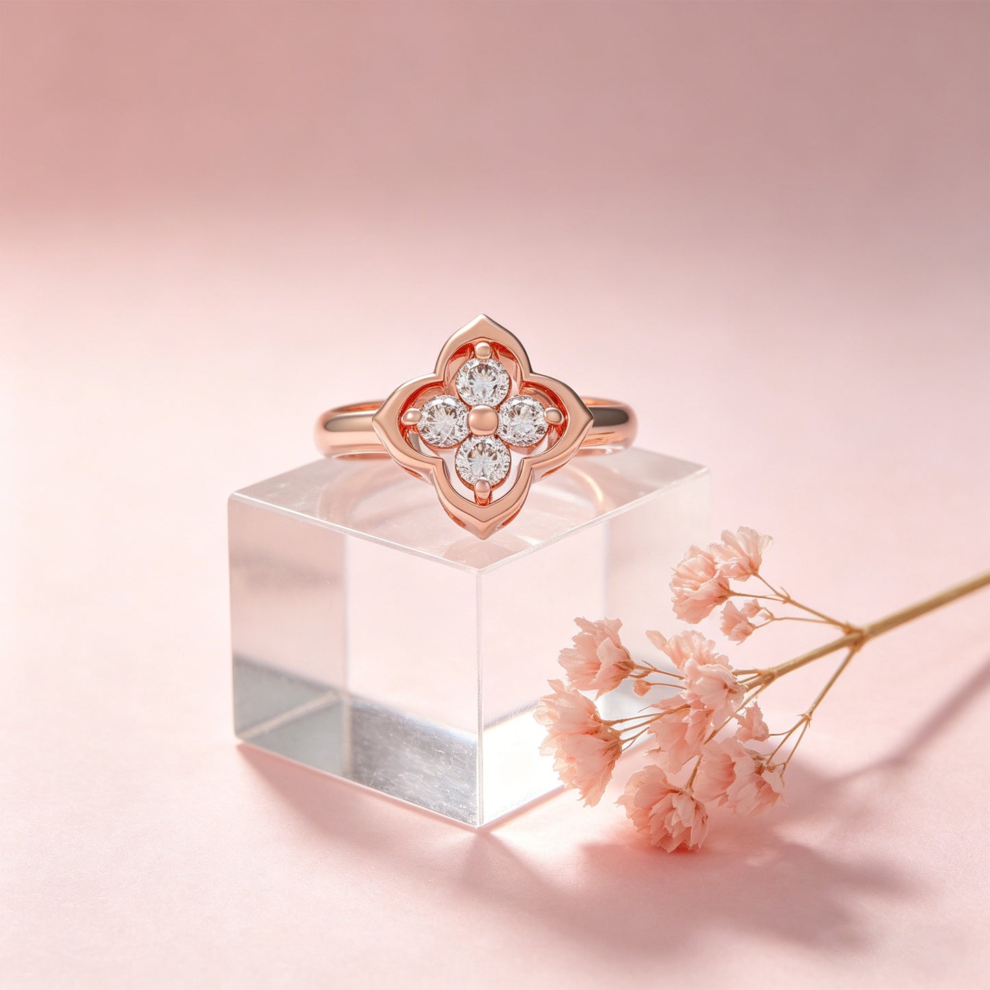10K/14K Rose Gold Clover Lab-Grown Diamond Ring, 0.2 CTW, Song Dynasty Inspired Promise Ring